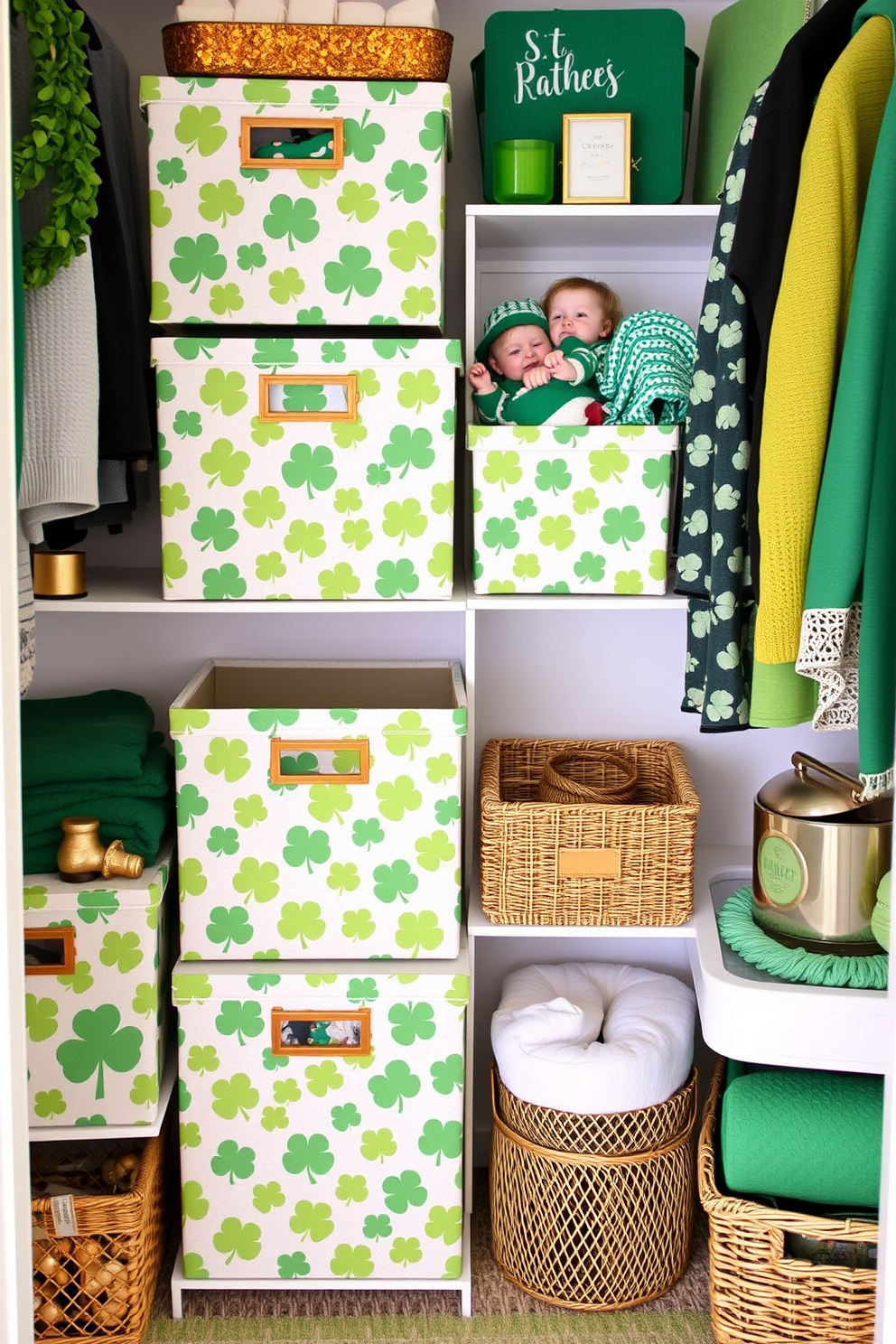 A charming display of leprechaun figurines is arranged on rustic wooden shelves, each one uniquely designed with vibrant colors and whimsical expressions. The shelves are adorned with green and gold accents, creating a festive atmosphere perfect for St. Patrick's Day celebrations. A spacious closet features a clever organization system, with themed decorations like shamrock garlands and green storage bins. This inviting space is transformed into a delightful corner for St. Patrick's Day, showcasing creative decorating ideas that blend functionality with holiday cheer.