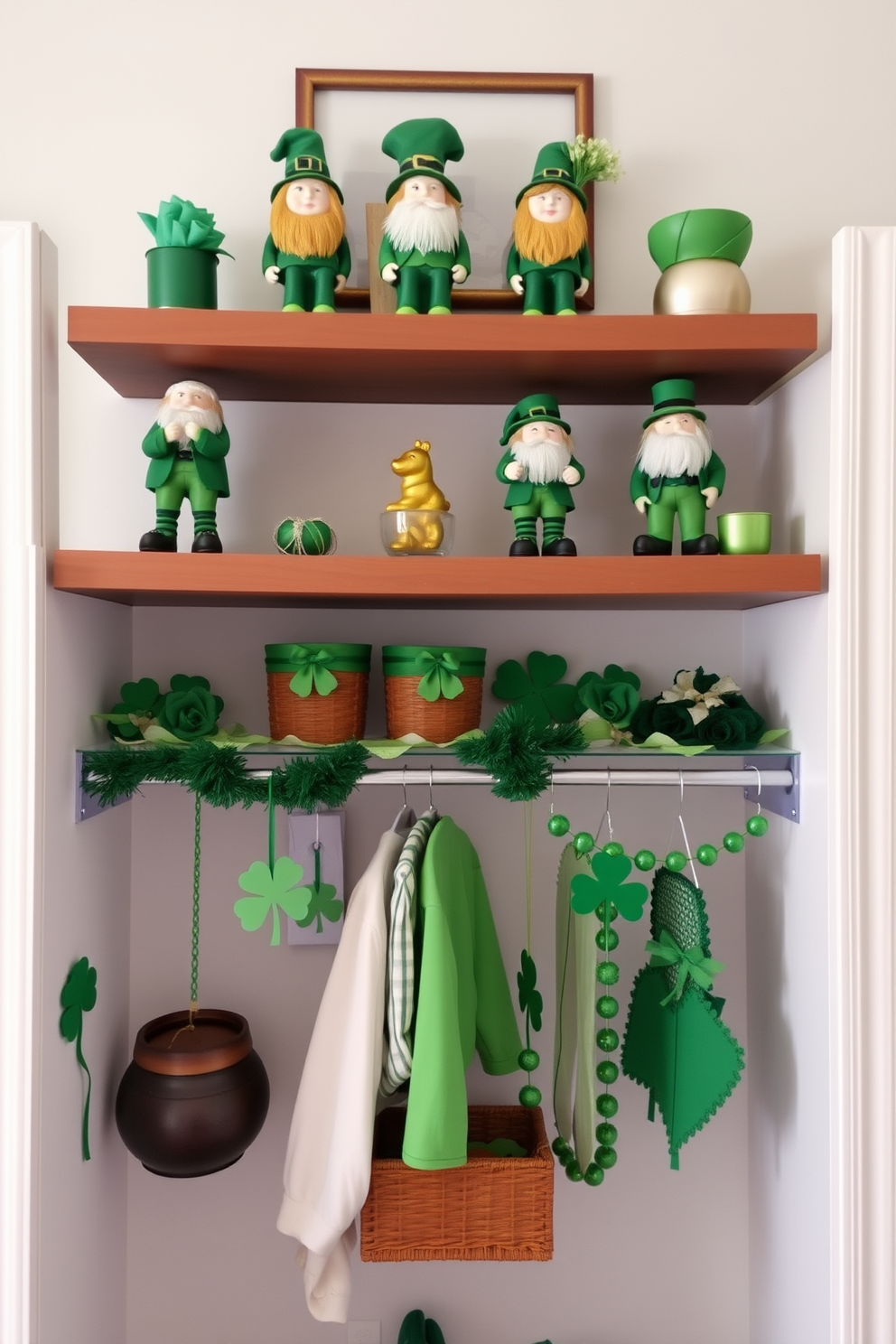 A charming closet filled with clover-themed storage boxes and bins. The boxes are adorned with vibrant green patterns and are neatly organized on shelves, creating a festive atmosphere. The closet features a mix of open and closed storage options, with some bins stacked and others displayed prominently. Soft, ambient lighting enhances the cheerful St. Patrick's Day decor, making the space feel inviting and playful.