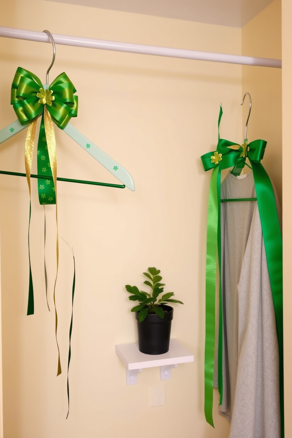 A charming closet decorated for St Patrick's Day. The hangers are adorned with green and gold accents, featuring shamrock designs and festive ribbons. The walls are painted a soft cream, providing a warm backdrop for the vibrant decorations. A small potted plant with green leaves sits on a shelf, adding a touch of nature to the festive theme.