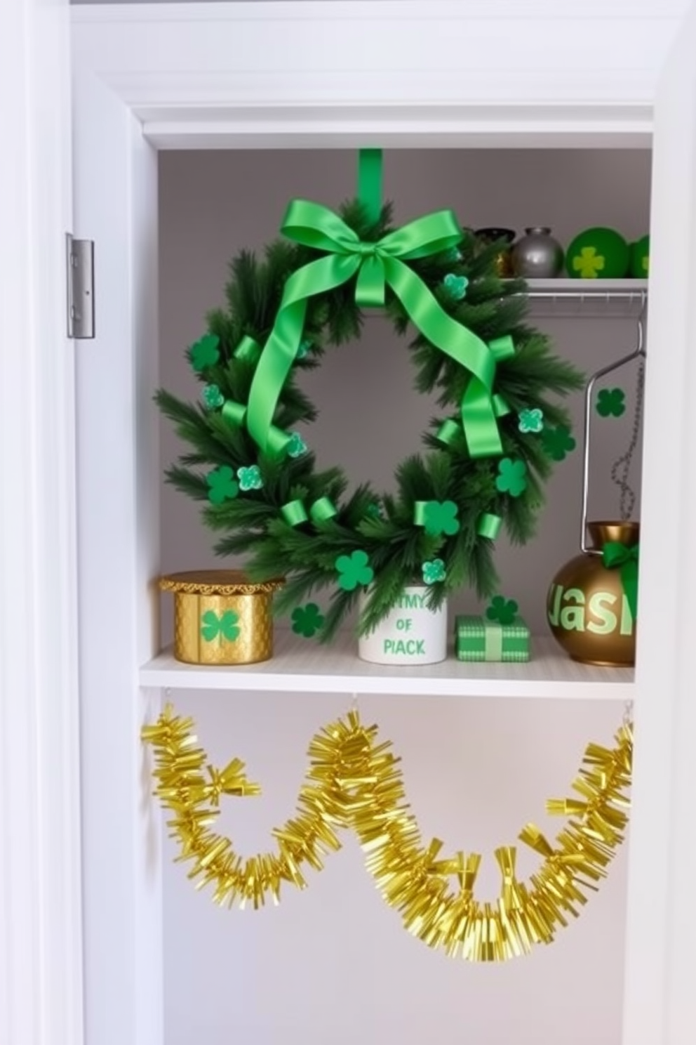 A festive wreath adorned with green ribbons and shamrocks is hung on the closet door. The closet is decorated with playful St. Patrick's Day accents, including gold and green garlands that add a cheerful touch.