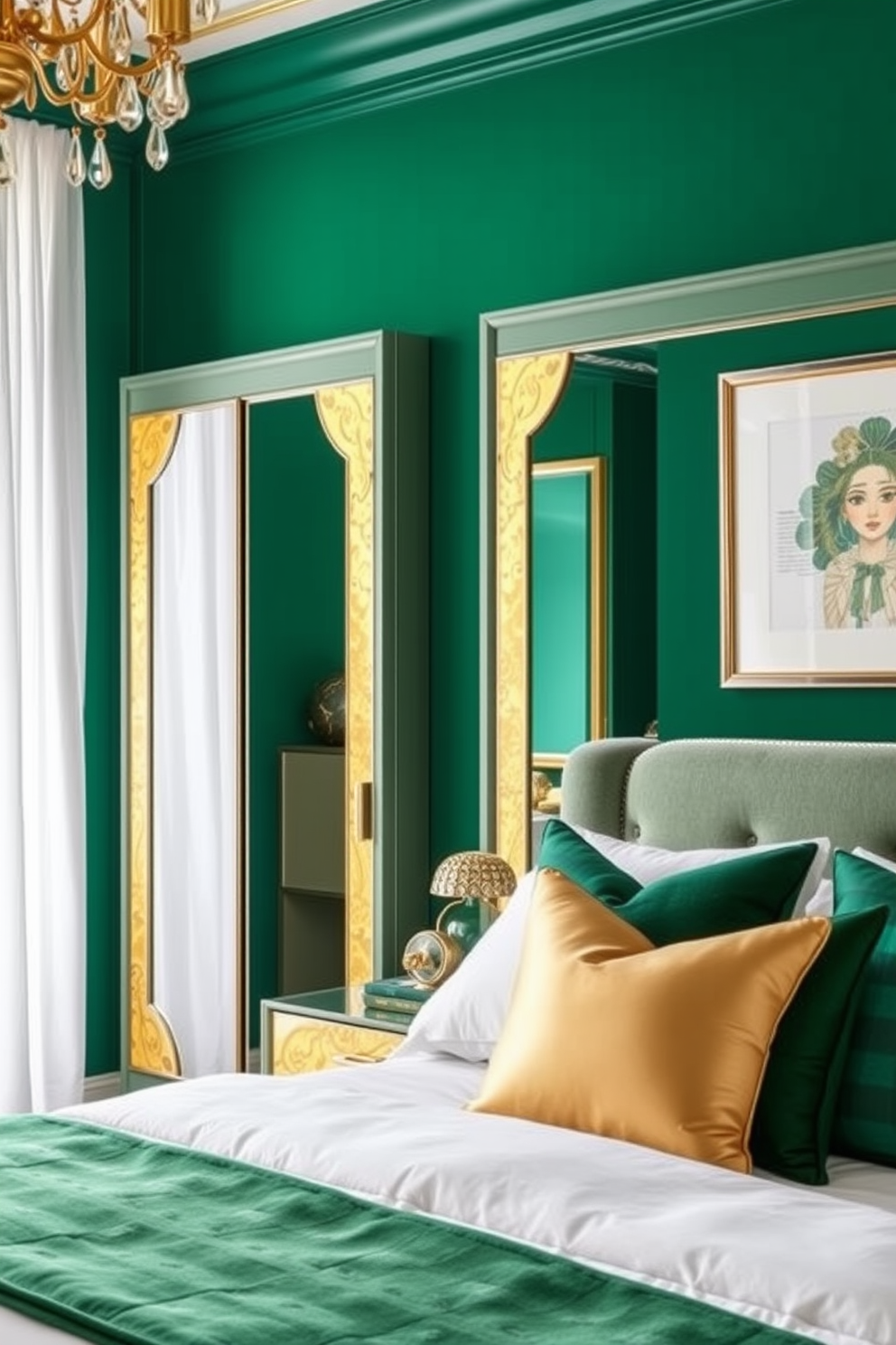 A luxurious bedroom featuring closet mirrors adorned with gold foil accents that reflect the soft ambient lighting. The room is styled with elegant green and gold decor elements to celebrate St. Patrick's Day while maintaining a sophisticated ambiance. The walls are painted in a rich emerald hue, complemented by plush white bedding and decorative pillows. Subtle touches of gold in the artwork and accessories enhance the festive yet refined atmosphere of the space.