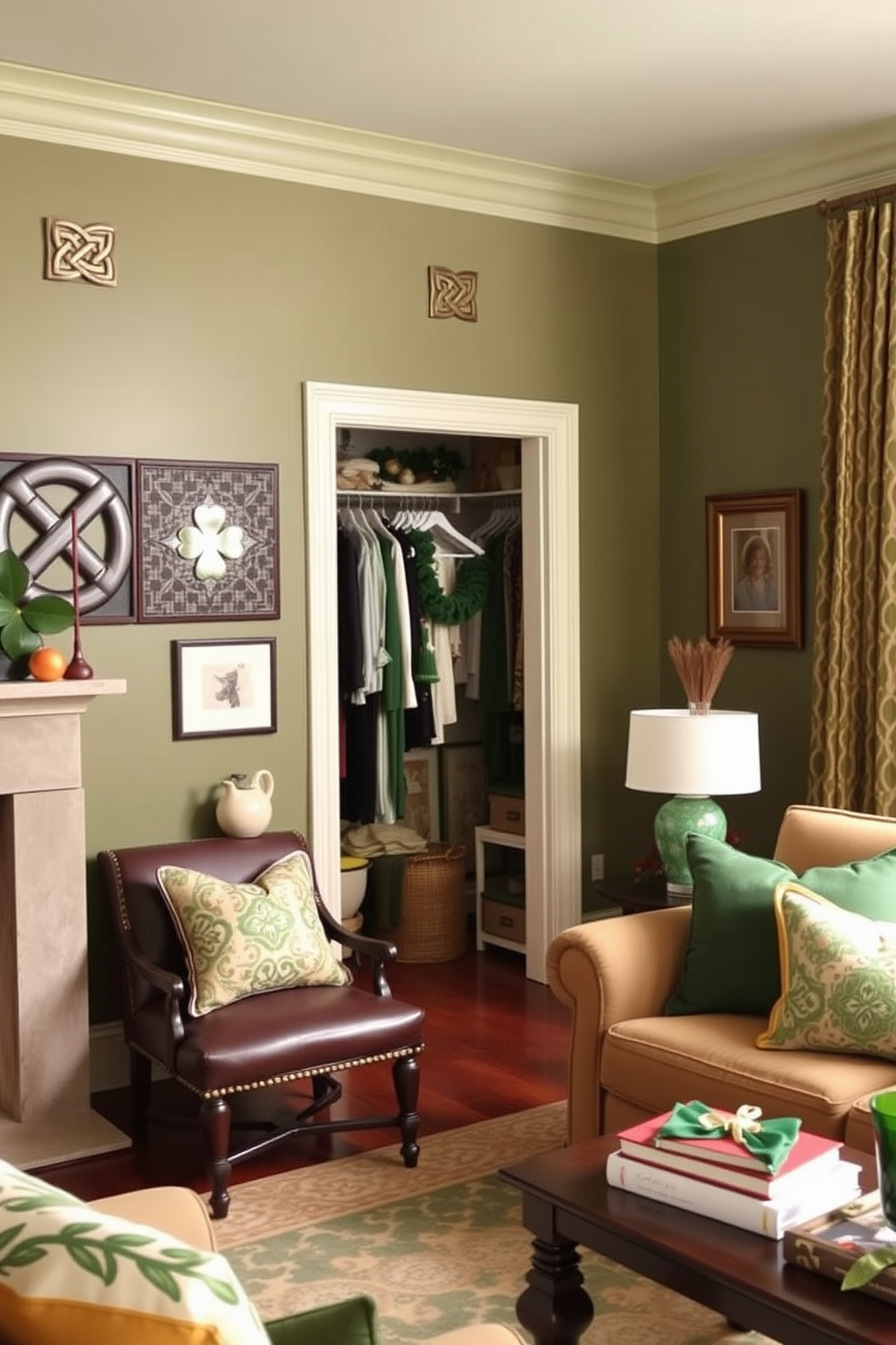 Create a cozy living room adorned with Celtic knot decorations on the walls. The colors are rich greens and golds, creating a warm and inviting atmosphere. In the corner, a stylish closet showcases festive St. Patrick's Day decorating ideas. A mix of traditional and modern elements brings a unique charm to the space.