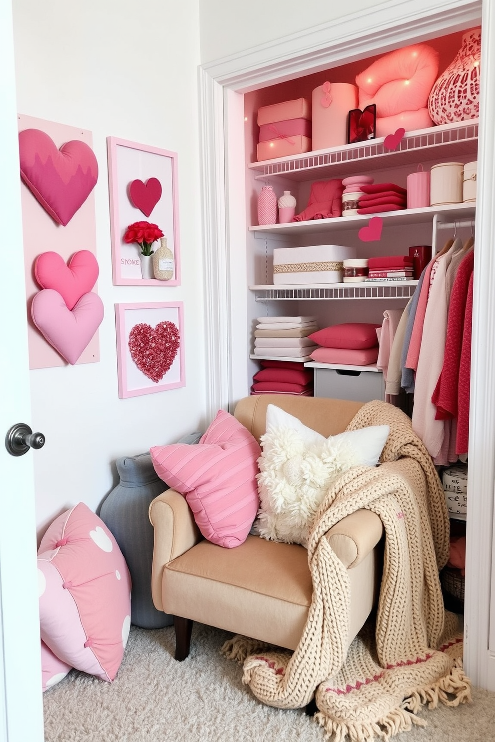 Cozy reading nook with soft pillows. A plush armchair is nestled in the corner, surrounded by a collection of colorful throw pillows and a warm knitted blanket. Closet decorated for Valentine's Day. The shelves are adorned with heart-shaped decor and pastel-colored accessories, creating a romantic and inviting atmosphere.