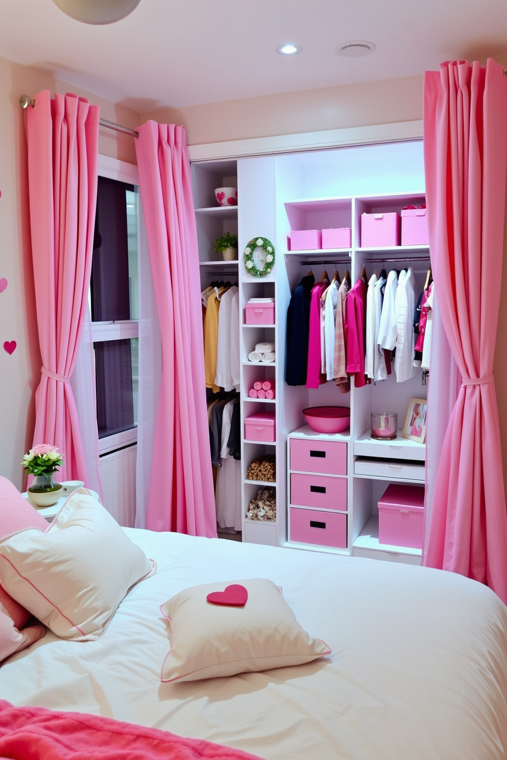 A cozy bedroom featuring pink and white curtains that gently frame the windows, adding a touch of softness to the space. The room is adorned with romantic Valentine's Day decorations, including heart-shaped pillows and delicate floral arrangements. A stylish closet designed for functionality and elegance, showcasing organized shelves and hanging spaces. Subtle Valentine's Day accents, such as pink storage boxes and themed decor, enhance the overall charm of the closet space.