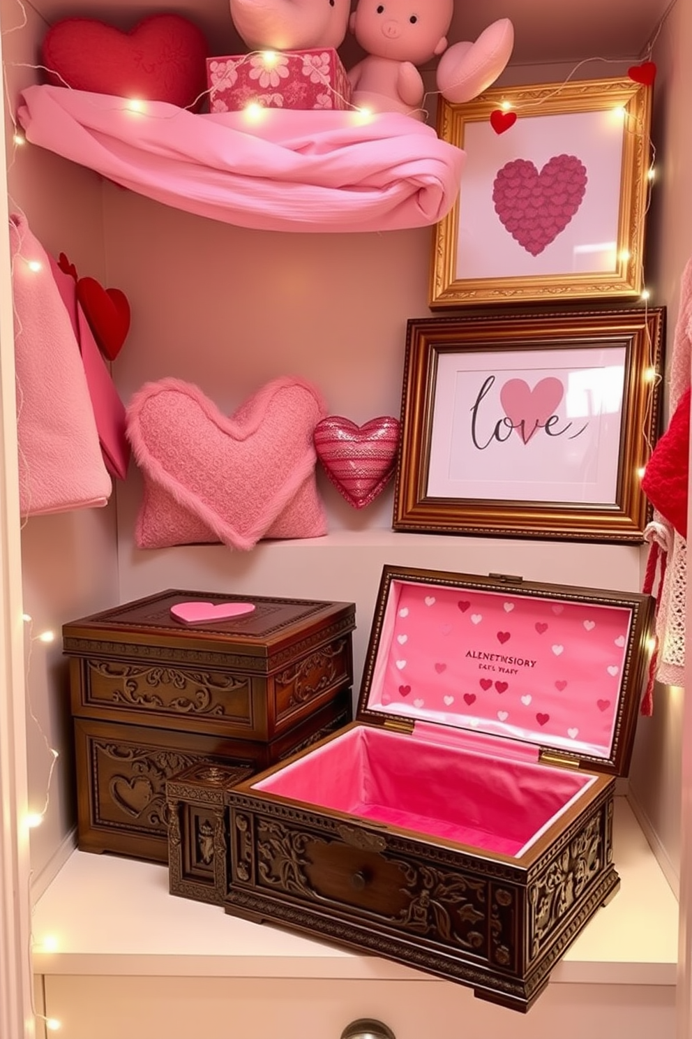 A charming closet decorated for Valentine's Day features elegant floral arrangements with lush roses in soft pink and deep red hues. The roses are artfully arranged in a vintage-inspired vase, adding a romantic touch to the space. The closet shelves are adorned with heart-shaped accents and delicate fairy lights, creating a warm and inviting atmosphere. Soft fabrics in shades of blush and cream drape over the clothing, enhancing the overall theme of love and celebration.