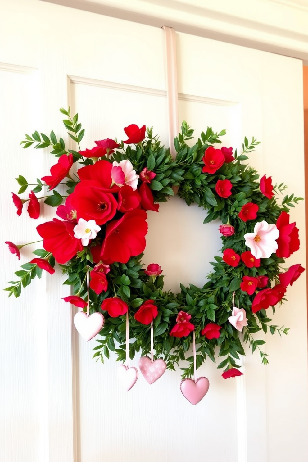 A charming seasonal wreath adorns the closet door, crafted from lush greenery and vibrant red flowers. This festive decoration brings a touch of warmth and love to the room, perfect for celebrating Valentine's Day. Delicate heart-shaped ornaments hang from the wreath, adding a playful element to the design. Soft pink and white accents throughout the space complement the wreath, creating a cohesive and inviting atmosphere.