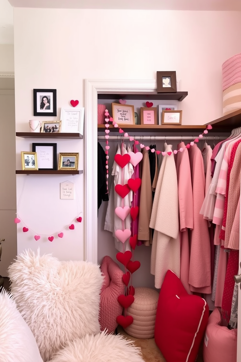 A cozy and romantic corner featuring wall-mounted shelves adorned with love tokens. The shelves display a collection of framed photos, handwritten notes, and small decorative items that evoke cherished memories. The closet is transformed with Valentine's Day decorating ideas, incorporating soft pink and red accents. Heart-shaped garlands drape elegantly across the closet door, while plush cushions and throws add warmth and comfort to the space.