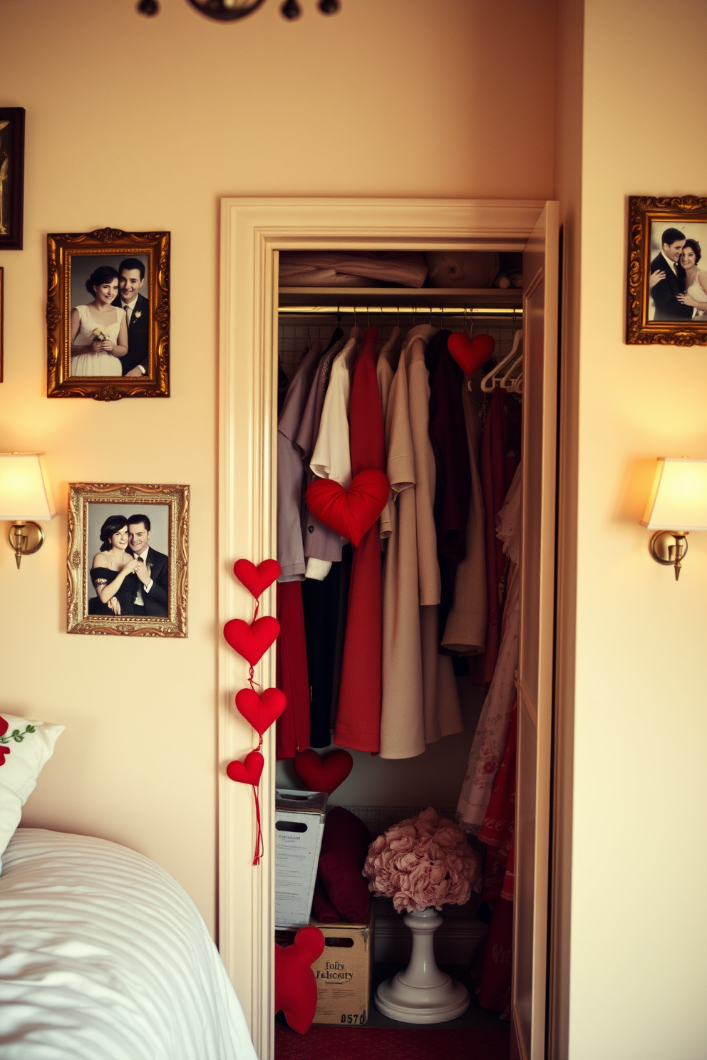 A cozy bedroom adorned with window treatments in soft hues of blush and cream. The curtains gently filter the sunlight, creating a warm and inviting atmosphere. A stylish closet decorated for Valentine's Day with heart-shaped accents and soft pink tones. Shelves are neatly arranged with pastel-colored accessories and seasonal decor to enhance the romantic theme.