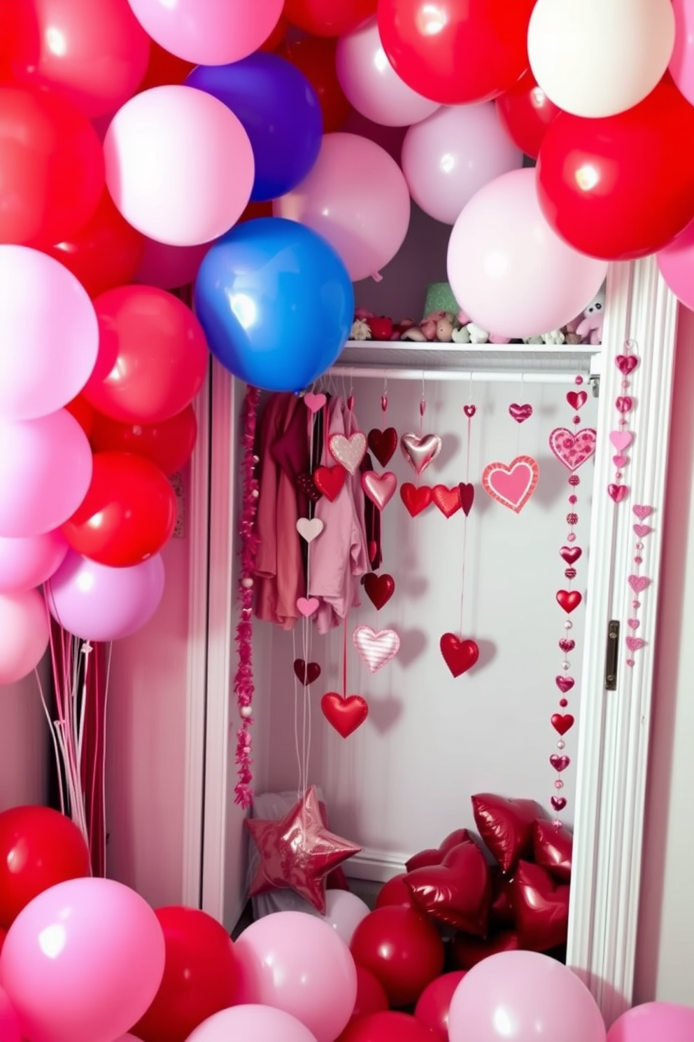 A vibrant arrangement of colorful balloons in various sizes and shapes fills the room, creating a joyful and festive atmosphere. The balloons are in shades of red, pink, and white, perfectly complementing the romantic theme of Valentine's Day. A beautifully decorated closet showcases Valentine's Day ideas, featuring heart-shaped ornaments and garlands draped elegantly. Soft lighting highlights the playful decorations, making the space feel warm and inviting for the celebration.