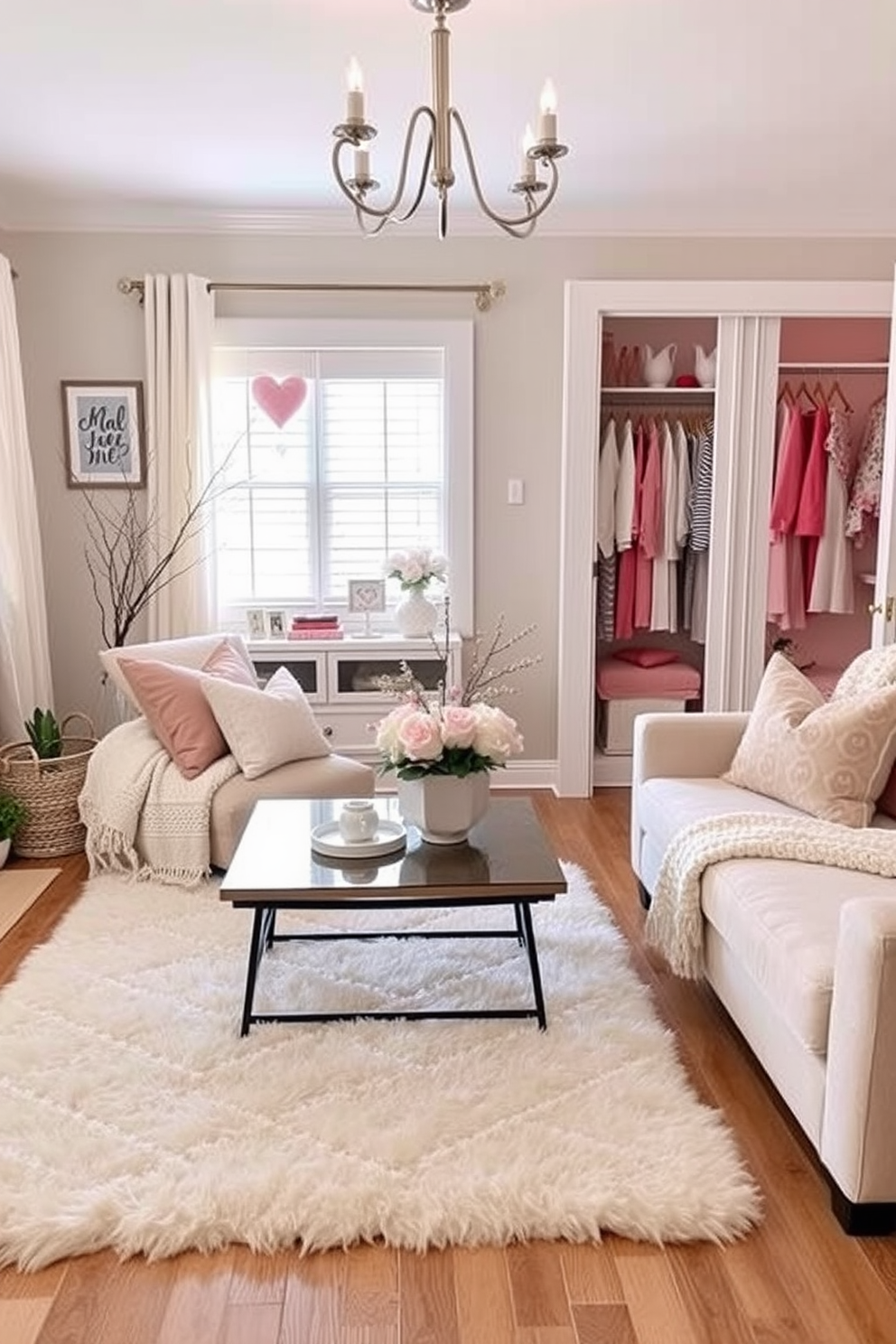 A cozy living room adorned with soft, plush rugs that invite warmth and comfort underfoot. The space features a neutral color palette with accent pillows and throws that add a touch of elegance. A beautifully organized closet showcasing Valentine's Day decorating ideas with soft, romantic hues. Heart-shaped decor pieces and pastel accents create a charming atmosphere that celebrates love and togetherness.