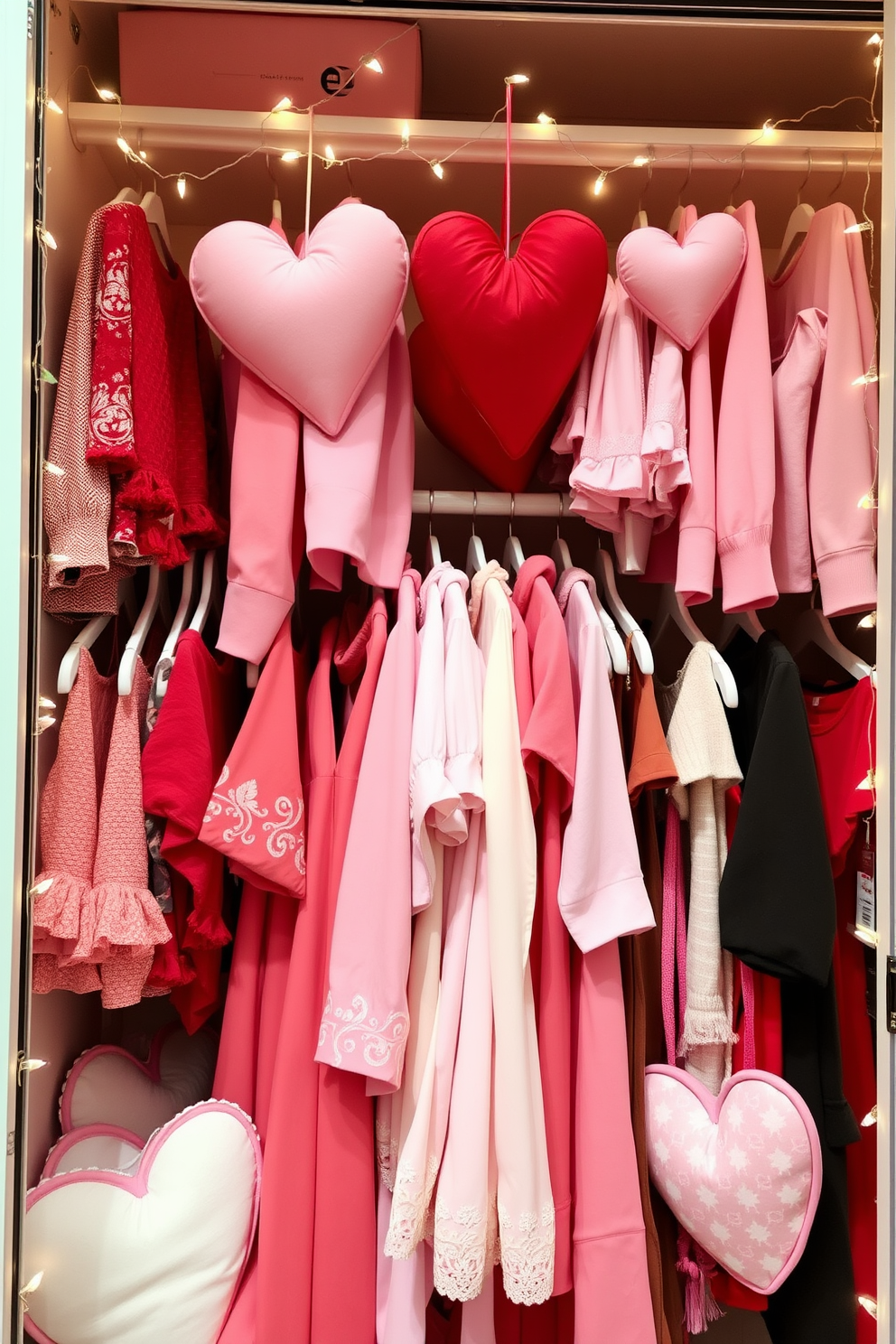 A charming clothing display for Valentine's Day features an array of romantic outfits arranged by color. Soft pinks and reds dominate the selection, with heart-shaped decorations hanging above to enhance the festive atmosphere. The closet is adorned with delicate fairy lights that twinkle softly, creating a warm and inviting glow. Seasonal accessories like heart-shaped pillows and themed hangers add a playful touch to the overall decor.