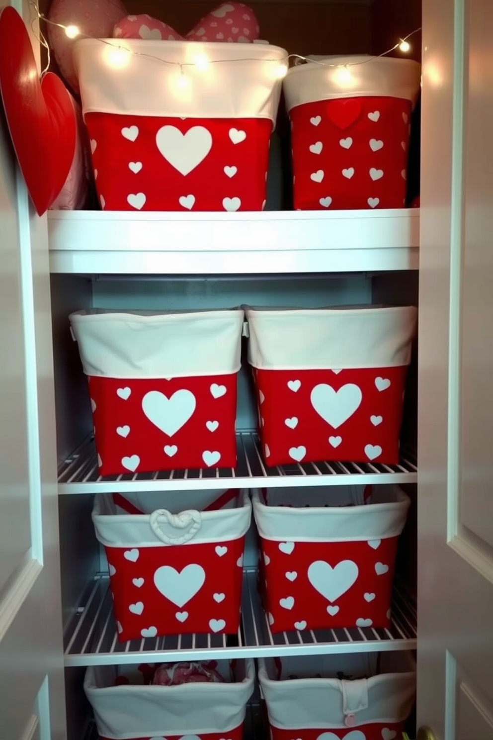 A cozy closet space decorated for Valentine's Day features red and white themed storage bins neatly arranged on the shelves. The bins are adorned with heart patterns, and soft fairy lights are strung across the top for a warm ambiance.