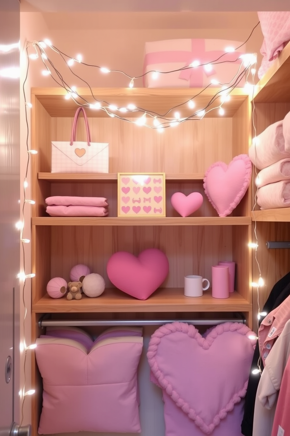 A cozy closet space decorated for Valentine's Day featuring a pink and red color palette. The walls are adorned with heart-shaped wall art and soft pink curtains frame the window, creating a romantic atmosphere. A plush red rug covers the floor, while pink storage bins neatly organize accessories and clothing. Delicate fairy lights are strung across the shelves, adding a warm glow to the inviting space.