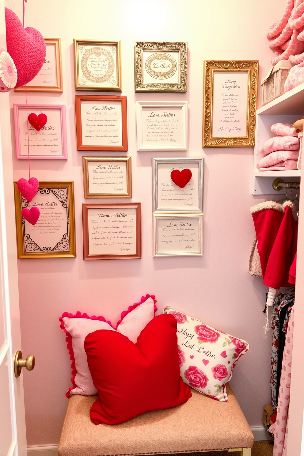 A collection of love letters beautifully displayed in decorative frames, arranged in a gallery style on a soft pastel wall. Each frame features intricate designs that complement the romantic theme, with subtle lighting highlighting the heartfelt messages. A cozy closet transformed for Valentine's Day, adorned with soft pink and red accents. Heart-shaped decorations hang from the shelves, and plush throw pillows in romantic patterns are placed on a stylish bench inside the closet.