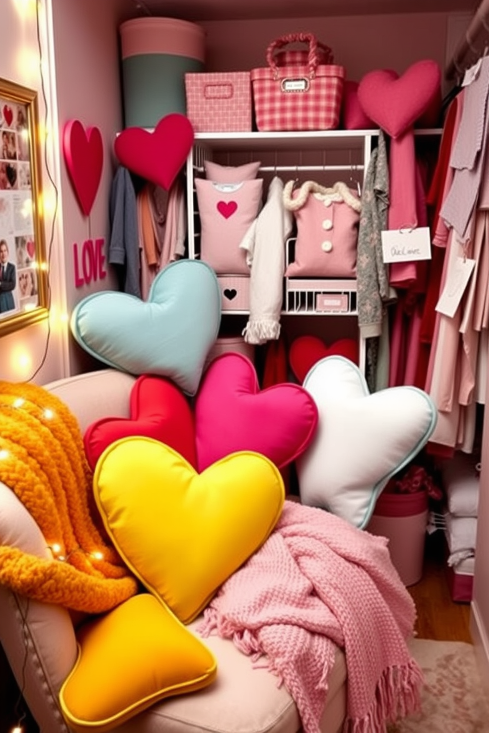 A charming bedroom setting designed for Valentine's Day. The room features a beautifully made bed with soft pink and white linens, accented by heart-shaped throw pillows. A small vase with fresh flowers sits on the nightstand, adding a touch of romance. The closet is adorned with festive decorations, including heart garlands and soft lighting to create a warm atmosphere.