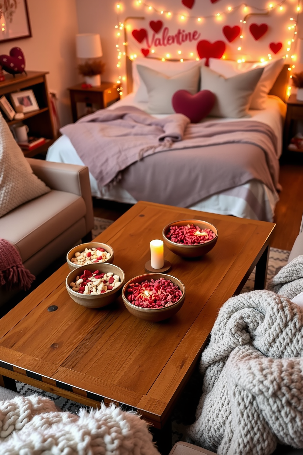 A cozy living room adorned with potpourri bowls filled with seasonal scents. The bowls are placed strategically on a wooden coffee table surrounded by plush seating and soft throw blankets. A romantic bedroom setting featuring Valentine's Day decorations. Heart-shaped pillows adorn the bed, while delicate fairy lights create a warm glow around the room.