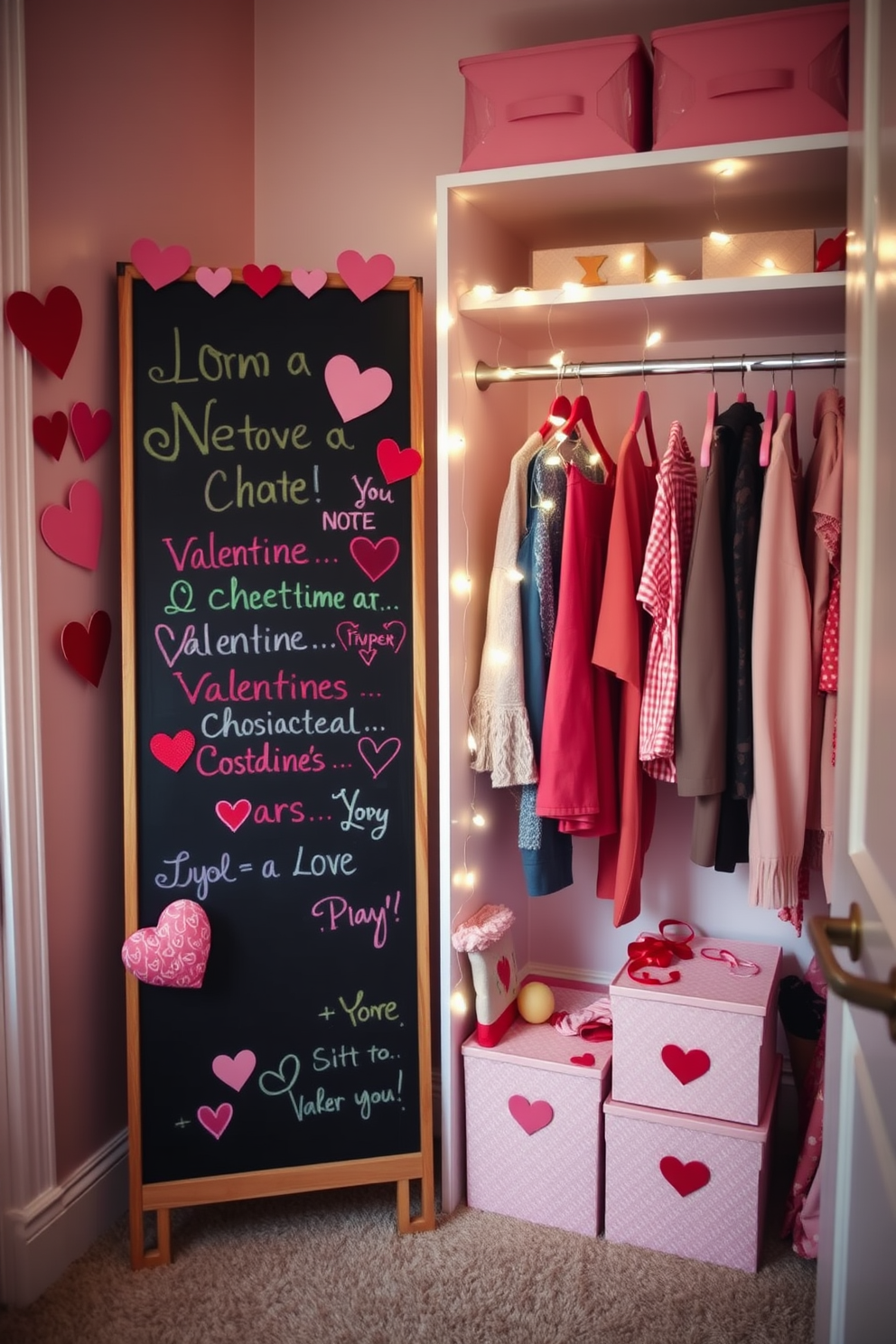 A charming chalkboard stands against a wall, adorned with colorful love messages and sweet notes written in vibrant chalk. Surrounding the chalkboard are heart-shaped decorations, creating a warm and inviting atmosphere perfect for expressing affection. The closet is transformed for Valentine's Day with soft pink and red accents, featuring heart-themed hangers and decorative storage boxes. Twinkling fairy lights are draped inside, adding a romantic glow to the space while showcasing stylish outfits for the occasion.