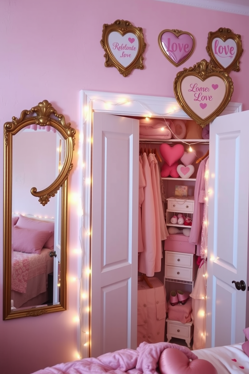 A cozy bedroom adorned with decorative mirrors that reflect romantic love themes. The mirrors are elegantly framed in antique gold, creating a warm and inviting atmosphere. The closet is beautifully organized with soft pastel colors and heart-shaped accents for Valentine's Day. Delicate fairy lights are strung around the closet to enhance the festive decor.