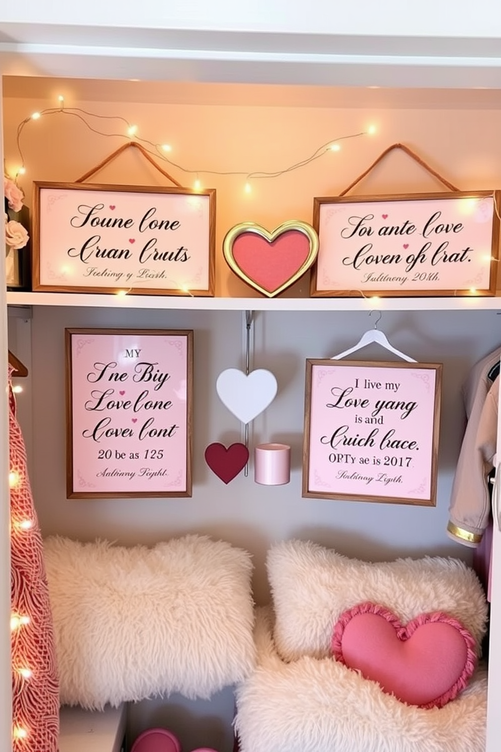 Customized closet signs with romantic quotes. Each sign features elegant typography on a soft pastel background, creating a warm and inviting atmosphere. Closet Valentine's Day decorating ideas. The space is adorned with heart-shaped decor, soft fairy lights, and plush textiles to enhance the romantic ambiance.