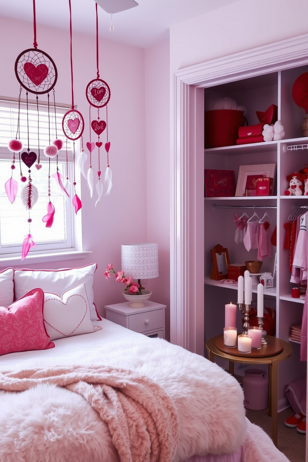 A cozy bedroom setting adorned with hanging dream catchers featuring love motifs. The walls are painted in soft pastel colors, and a plush bed with heart-themed pillows sits beneath a window. A beautifully organized closet filled with festive Valentine's Day decorations. Shelves display red and pink accents, while a small table is set up with candles and romantic trinkets.