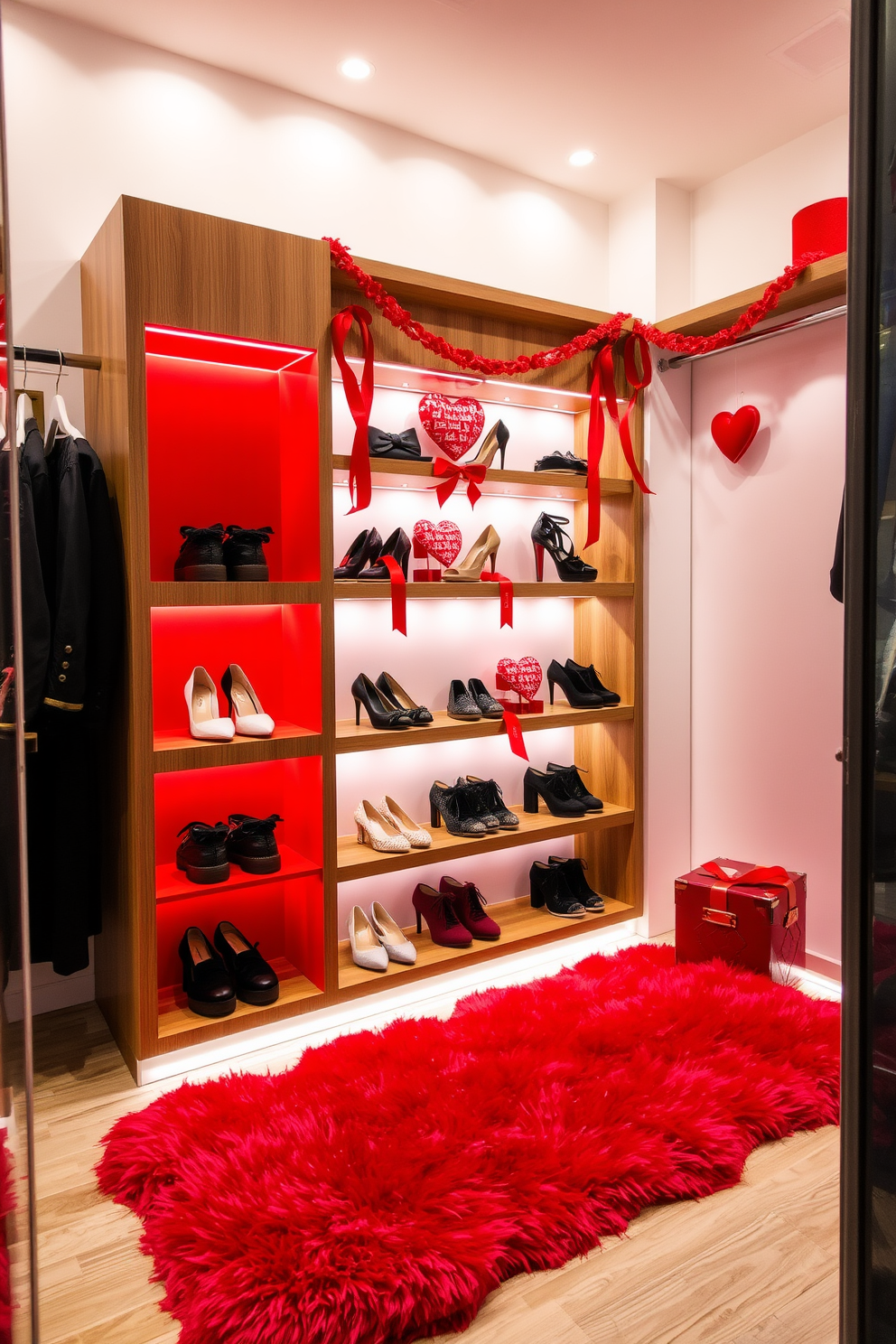 A stylish shoe display featuring a sleek wooden shelf with red accents that highlight the footwear. The backdrop is adorned with soft white lighting, creating a warm and inviting atmosphere. For Valentine's Day, the closet is decorated with heart-shaped decor and red ribbons that add a festive touch. A plush red rug lies at the base of the display, enhancing the overall romantic theme.