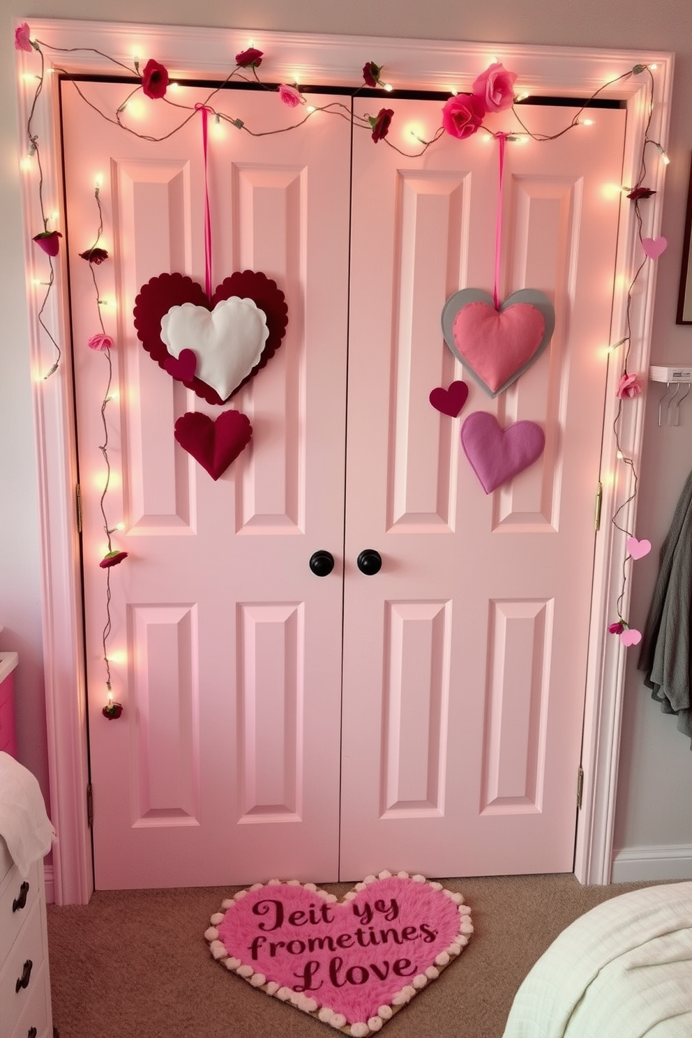 Heart-shaped decor adorns the closet doors creating a romantic and festive atmosphere. The doors are painted in a soft pastel color, and the heart shapes are crafted from a mix of felt and fabric, adding texture and warmth to the space. Valentine's Day decorating ideas include string lights intertwined with faux flowers, enhancing the cozy feel of the room. A small heart-themed rug is placed in front of the closet, tying the decor together and inviting a sense of love and celebration.