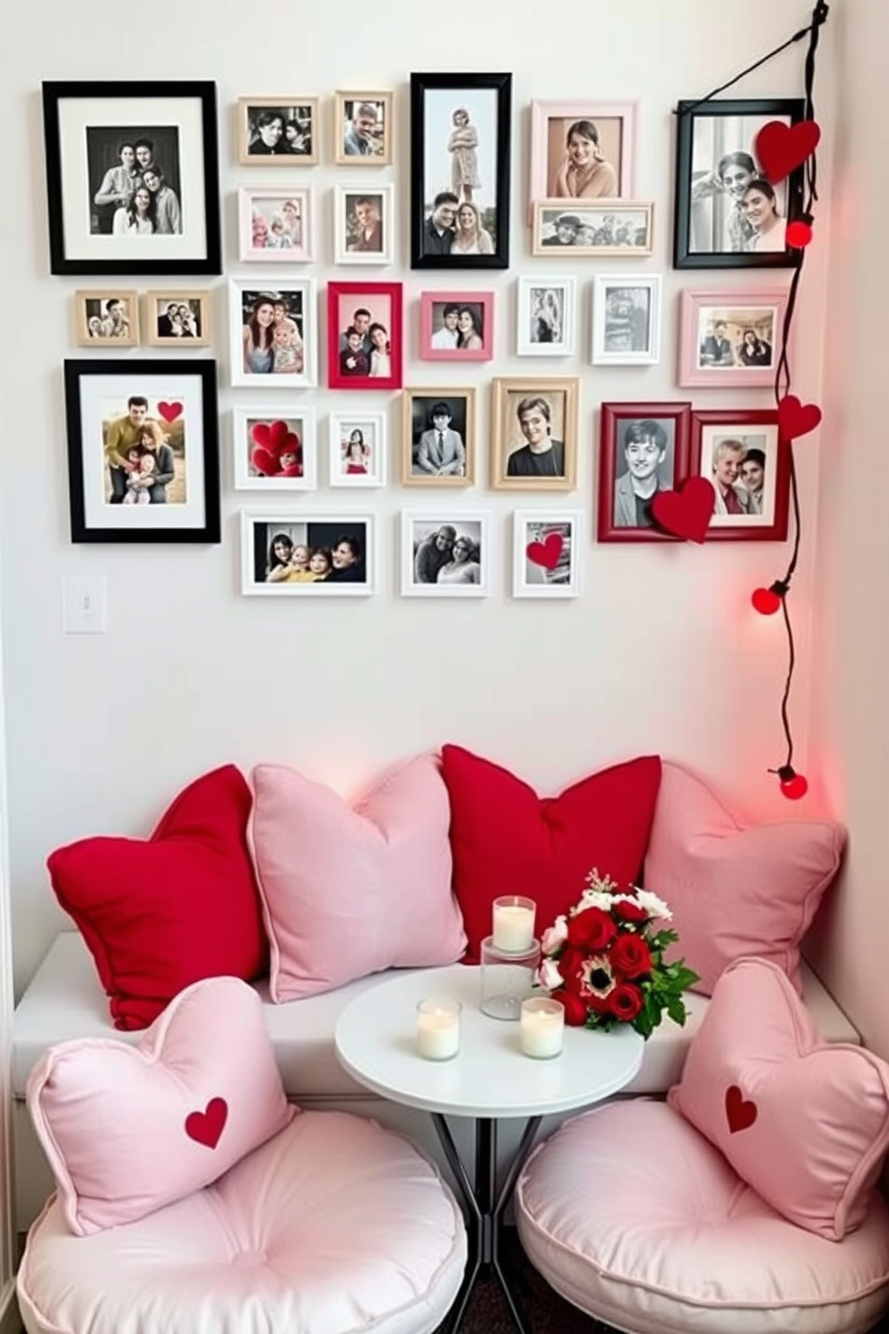 A charming photo collage of memories is displayed on a wall, featuring a collection of framed photographs in various sizes. The frames are arranged in a whimsical pattern, showcasing moments from family gatherings to travel adventures. For Valentine's Day decorating ideas, a cozy nook is adorned with soft pink and red accents. Heart-shaped cushions and string lights create a romantic atmosphere, complemented by a small table set for two with candles and fresh flowers.