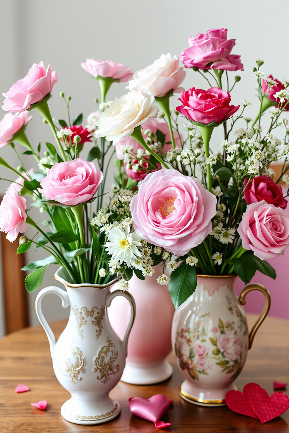 Floral arrangements in vintage vases create a charming and nostalgic atmosphere. The vases are intricately designed, showcasing a mix of pastel colors and delicate patterns that complement the blooms. For Valentine's Day decorating ideas, incorporate soft pink and red hues throughout the space. Heart-shaped accents and romantic lighting can enhance the warm and inviting ambiance.