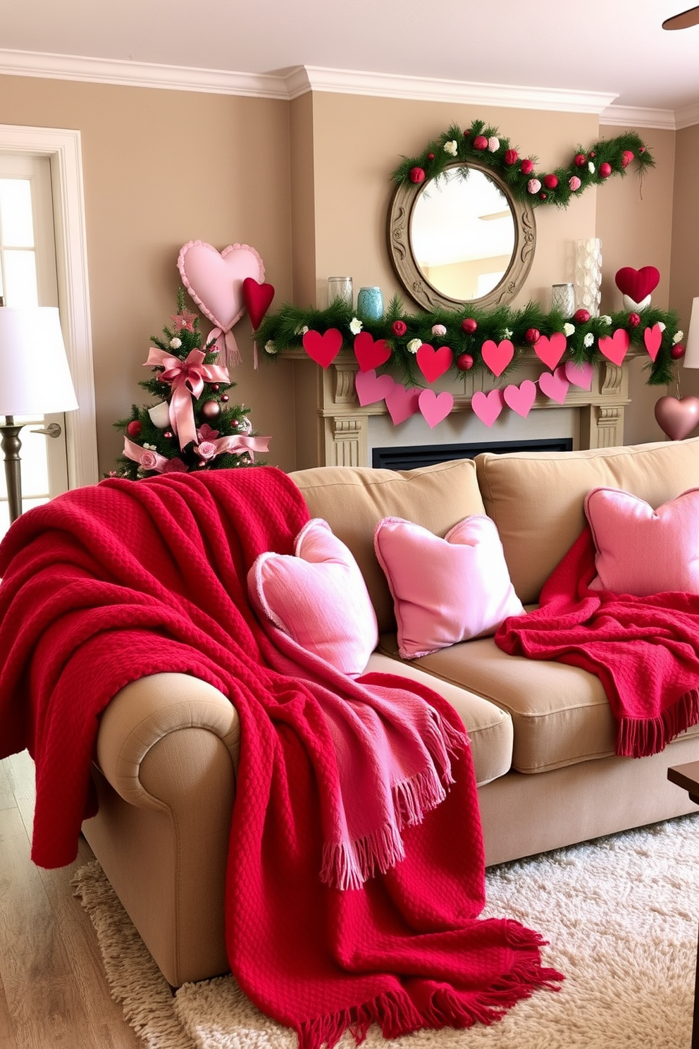 A cozy living room adorned with red and pink throw blankets draped over a plush sofa. The decor features heart-shaped cushions and a festive garland hanging above the mantel, creating a warm and inviting atmosphere for Valentine's Day.