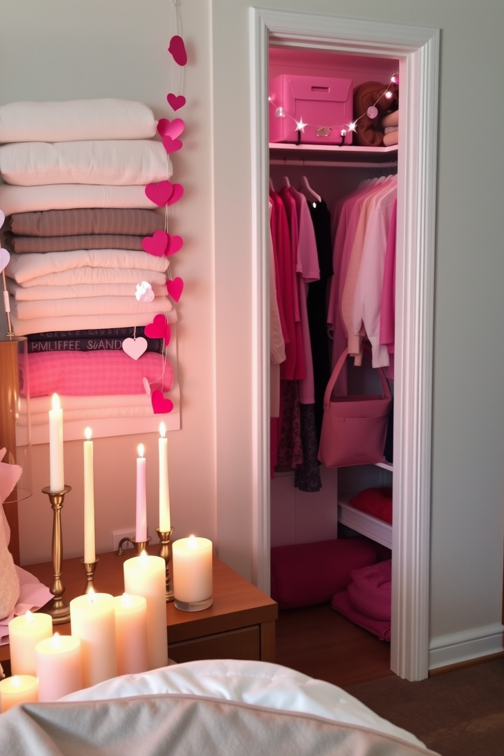 A cozy bedroom setting featuring an array of candles in various heights and styles arranged on a wooden nightstand. The soft glow of the candlelight creates a warm ambiance, enhancing the romantic atmosphere of the space. A stylish closet adorned with festive Valentine's Day decorations including heart-shaped garlands and pink accents. The shelves are organized with neatly folded clothes and accessories, complemented by the cheerful decor that adds a playful touch.