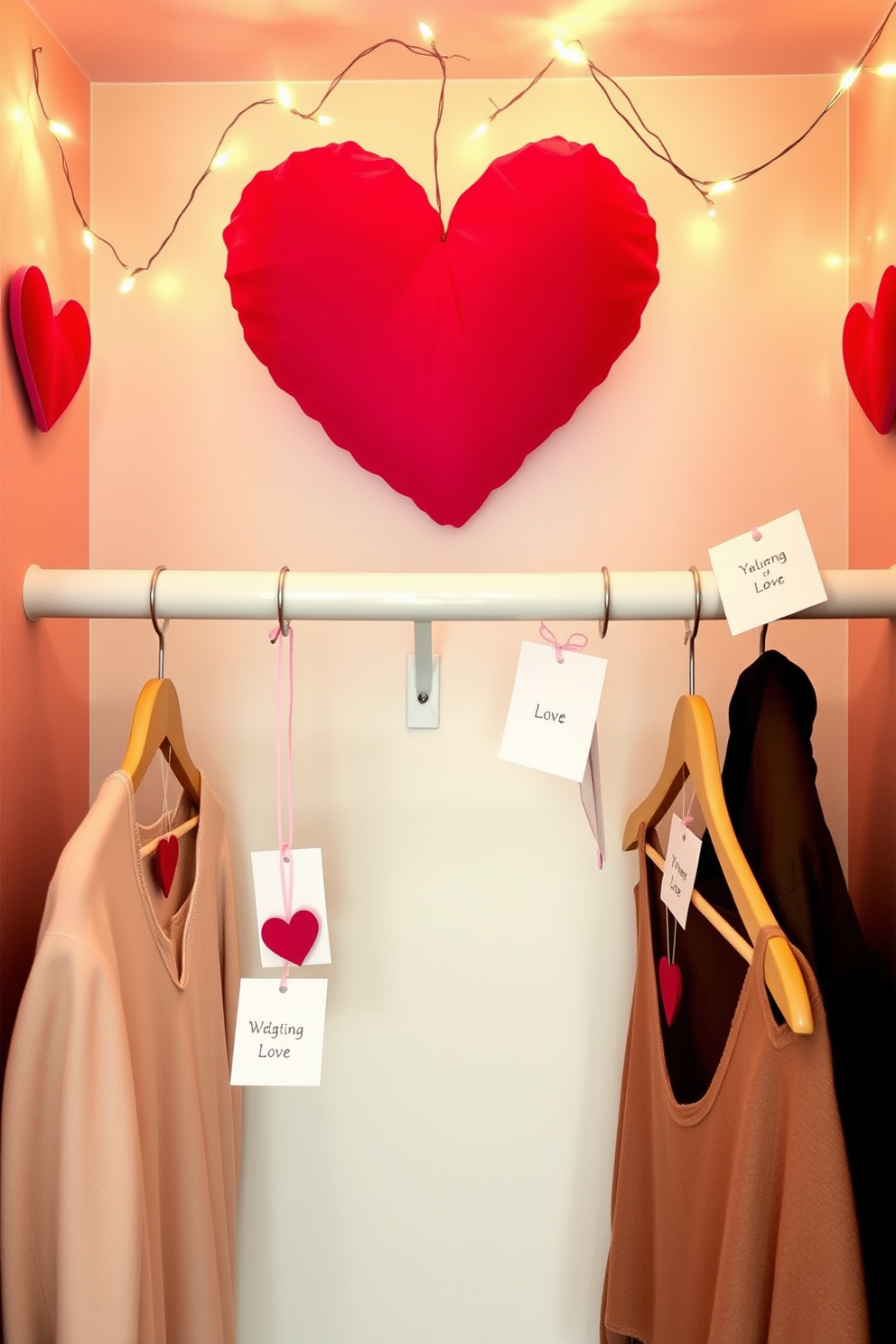 A beautifully organized closet featuring decorative storage boxes in soft pastel colors. Each box is labeled and neatly stacked, creating a harmonious and visually appealing arrangement. For Valentine's Day, the closet is adorned with romantic touches such as heart-shaped pillows and subtle floral accents. Delicate fairy lights are draped along the shelves, adding a warm and inviting glow to the space.