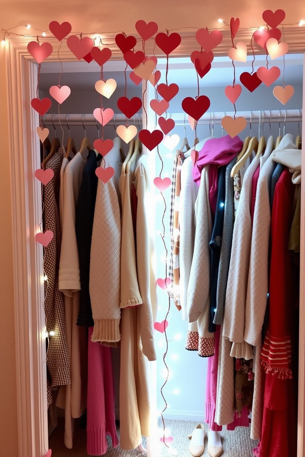 Charming garlands of hearts hang gracefully across the room, adding a festive touch to the Valentine's Day decor. The soft pastel colors of the hearts create a warm and inviting atmosphere, perfect for celebrating love. A beautifully organized closet showcases seasonal clothing interspersed with romantic accessories. Delicate fairy lights twinkle among the garments, enhancing the overall charm of the Valentine's Day theme.