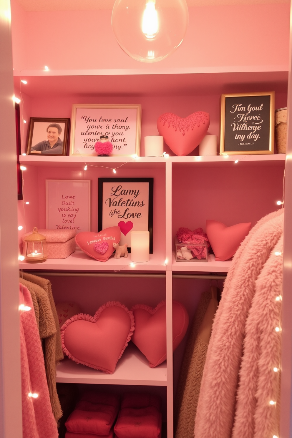 A cozy and romantic closet space adorned with themed artwork featuring love quotes. Soft pastel colors dominate the walls, creating a warm and inviting atmosphere for Valentine's Day. Delicate fairy lights are strung along the shelves, casting a gentle glow on the carefully arranged decorations. Heart-shaped pillows and plush throws add a touch of comfort and charm to this intimate setting.