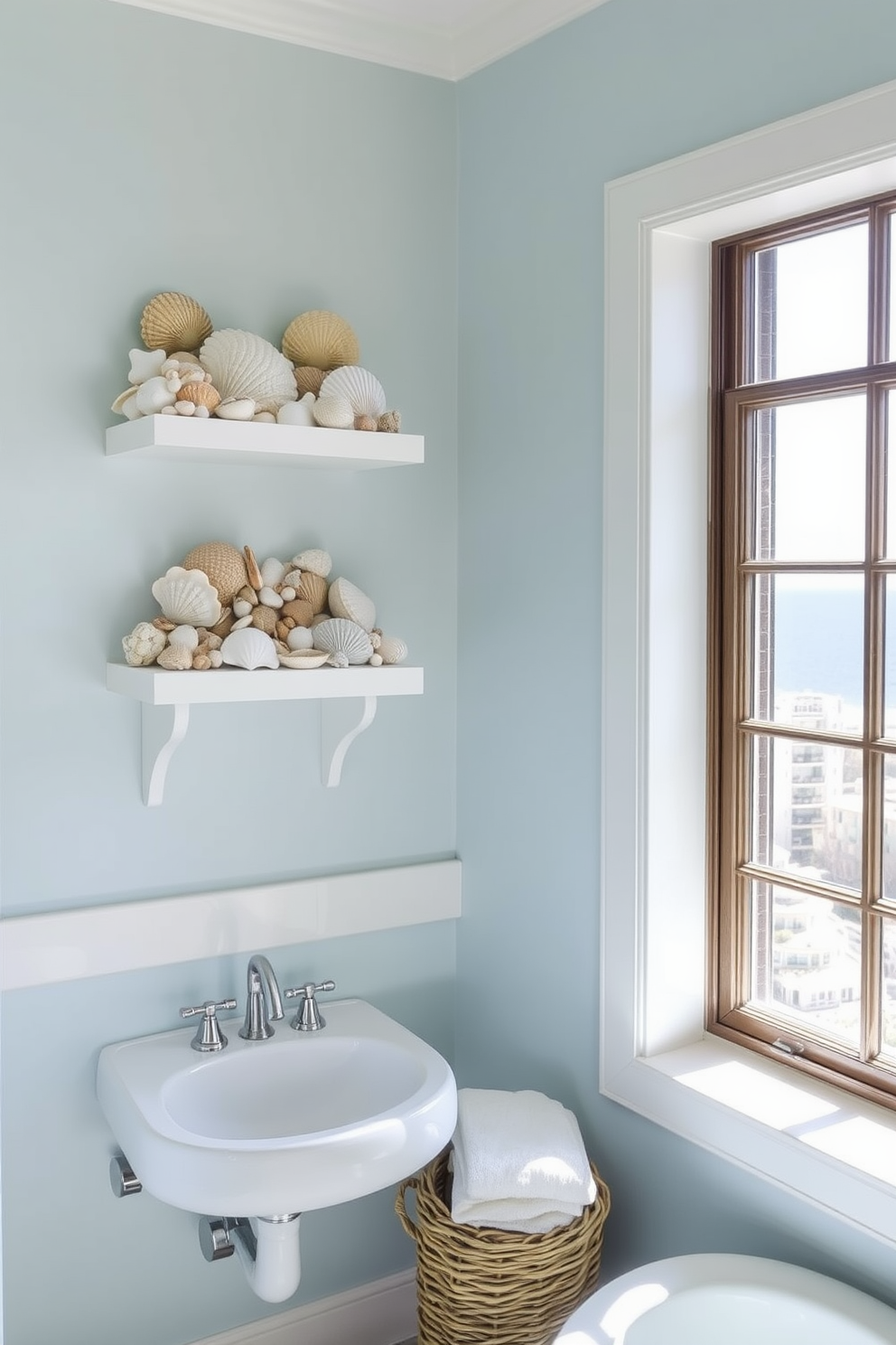 A serene coastal bathroom featuring shelves adorned with an exquisite collection of seashells. The soft blue walls evoke a tranquil ocean vibe, complemented by natural light streaming through a large window.