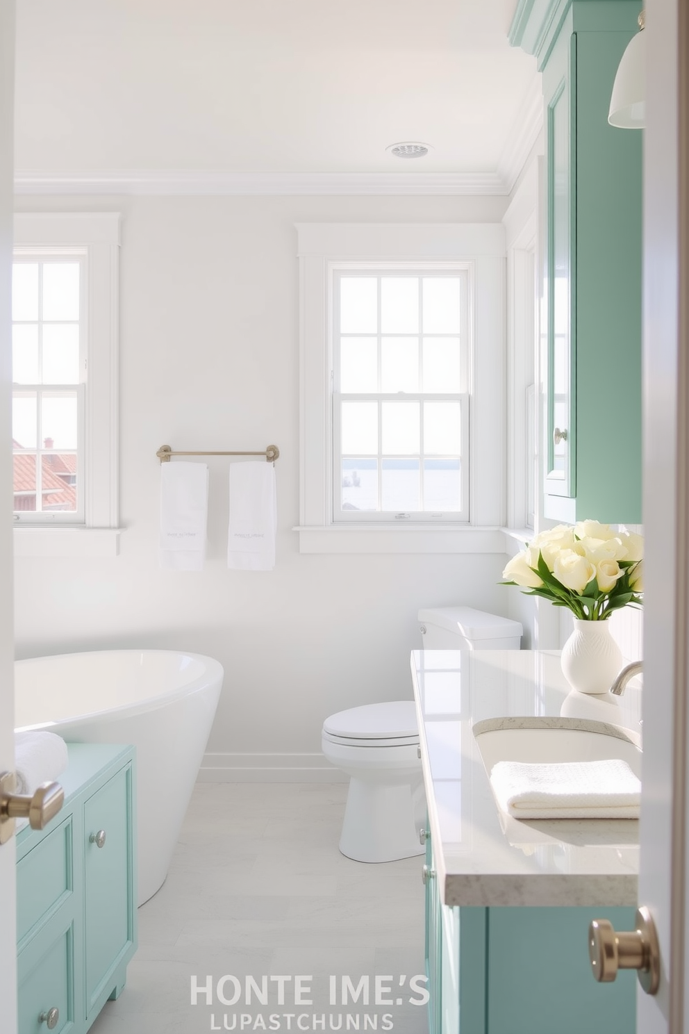 Aqua colored cabinetry creates a refreshing atmosphere in this coastal bathroom design. The space features bright white walls and natural light flooding in through large windows, enhancing the serene vibe.