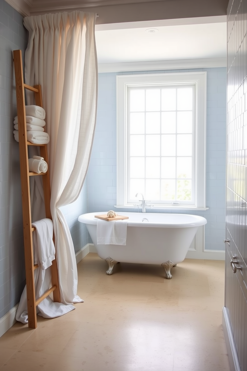 A serene coastal bathroom setting with soft linen curtains that flutter gently in the breeze. The space features a freestanding soaking tub positioned near a large window, allowing natural light to fill the room. Light blue tiles cover the walls, complemented by a sandy beige floor that evokes a beachside retreat. A wooden ladder shelf holds neatly rolled towels and decorative seashells, enhancing the coastal theme.