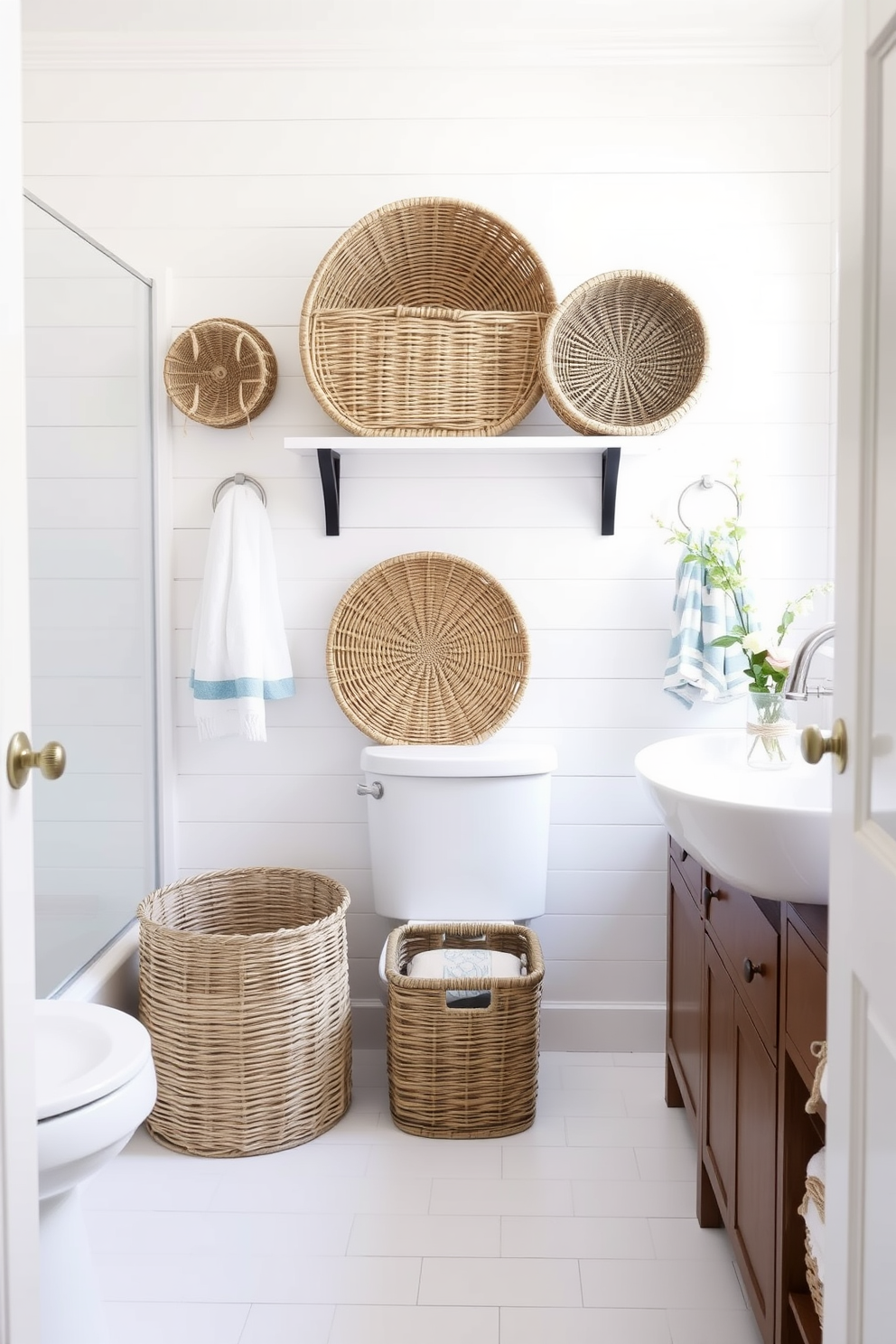 A serene coastal bathroom design featuring an aquatic color palette of soft blues and greens. The walls are painted in a light seafoam green, complemented by white shiplap accents and a driftwood-inspired vanity with a quartz countertop. Large, framed windows allow natural light to flood the space, showcasing ocean-themed decor and nautical elements. A freestanding soaking tub sits beneath the windows, surrounded by lush greenery and decorative shells for an inviting touch.