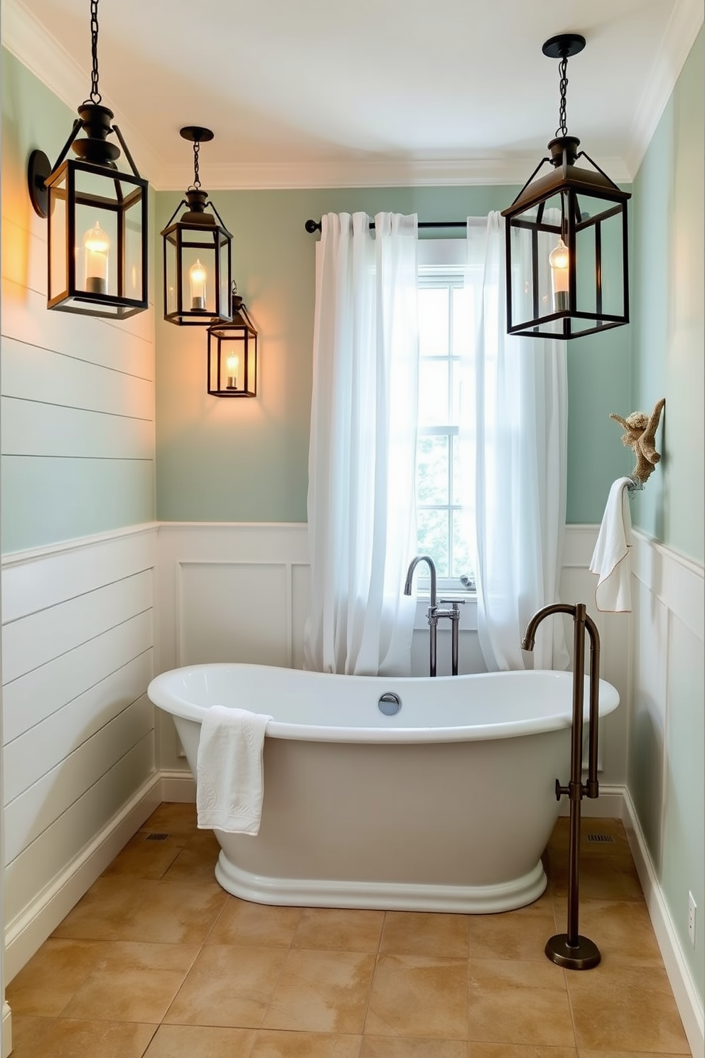 A coastal bathroom design featuring weathered wood vanities that evoke a relaxed beach house vibe. The vanities are paired with light-colored countertops and accented by nautical-themed decor elements. Soft blue and sandy beige hues dominate the color palette, creating a serene atmosphere. Large windows allow natural light to flood the space, enhancing the airy feel of the design.