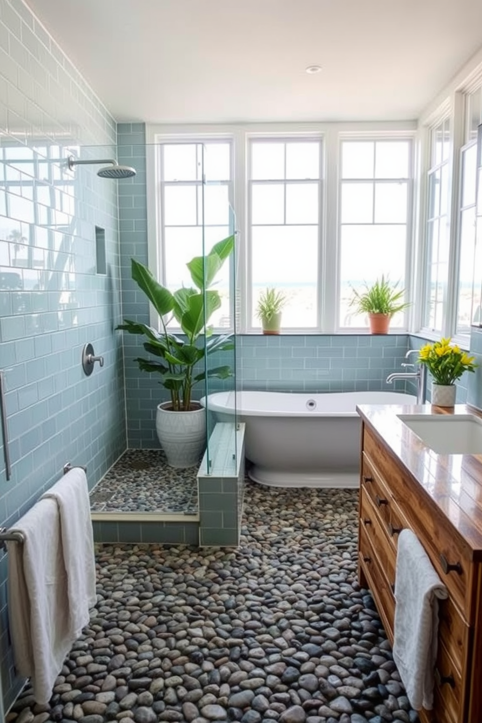 A coastal bathroom design featuring a pebble stone shower floor that creates a natural and serene atmosphere. The walls are adorned with soft blue tiles, and large windows provide ample natural light, enhancing the beach-inspired aesthetic. Incorporate a freestanding bathtub positioned near the window, surrounded by potted plants for a touch of greenery. The vanity is crafted from reclaimed wood, complementing the organic elements of the space while offering ample storage.