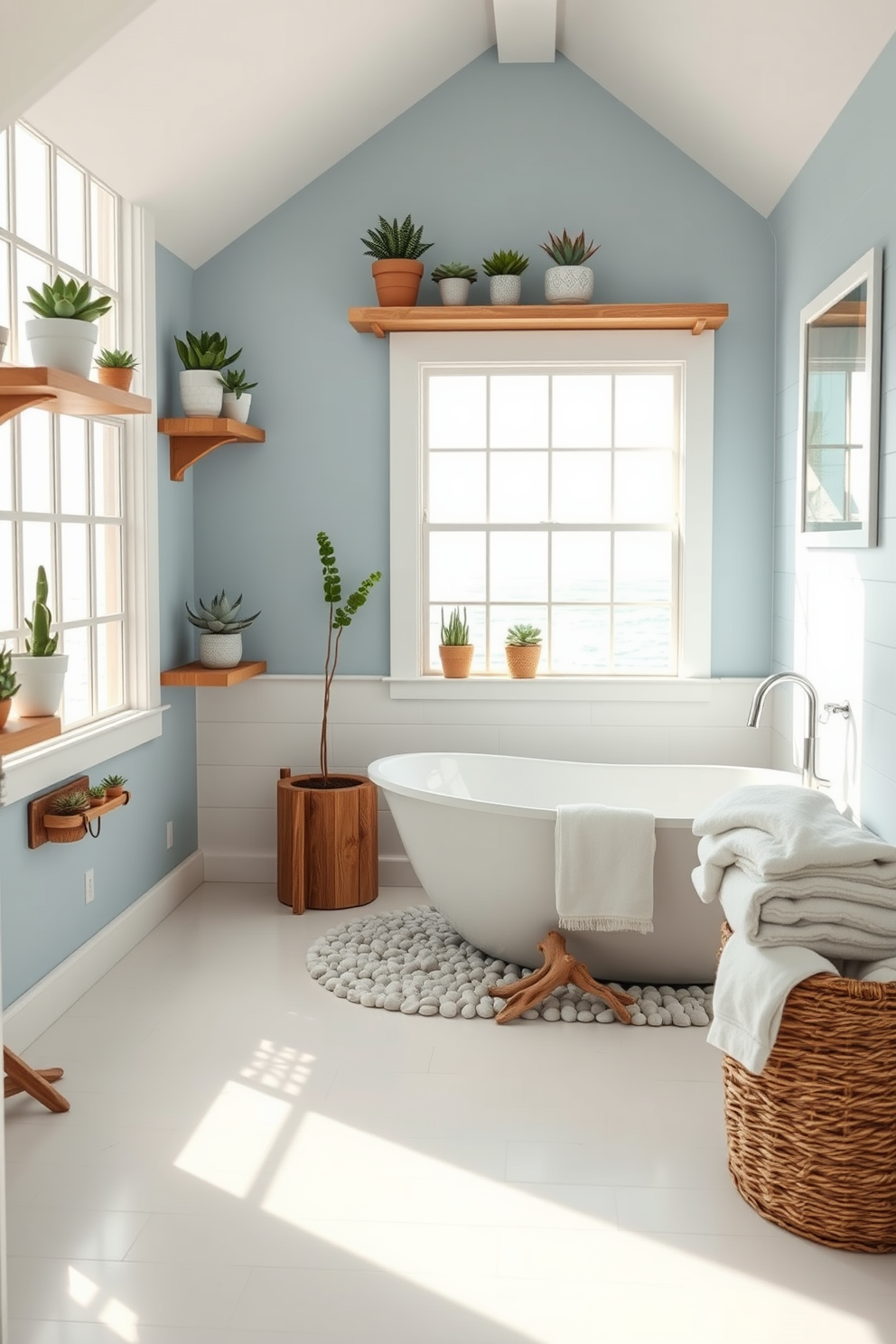 A serene coastal bathroom featuring an airy atmosphere with soft blue walls and natural light flooding through large windows. The space is adorned with various succulent plants placed on floating wooden shelves, bringing a touch of natural greenery to the design. The bathroom includes a freestanding soaking tub with a view of the ocean, surrounded by smooth pebbles and driftwood accents. White shiplap paneling adds texture to the walls, while a woven basket holds plush towels for a cozy coastal feel.