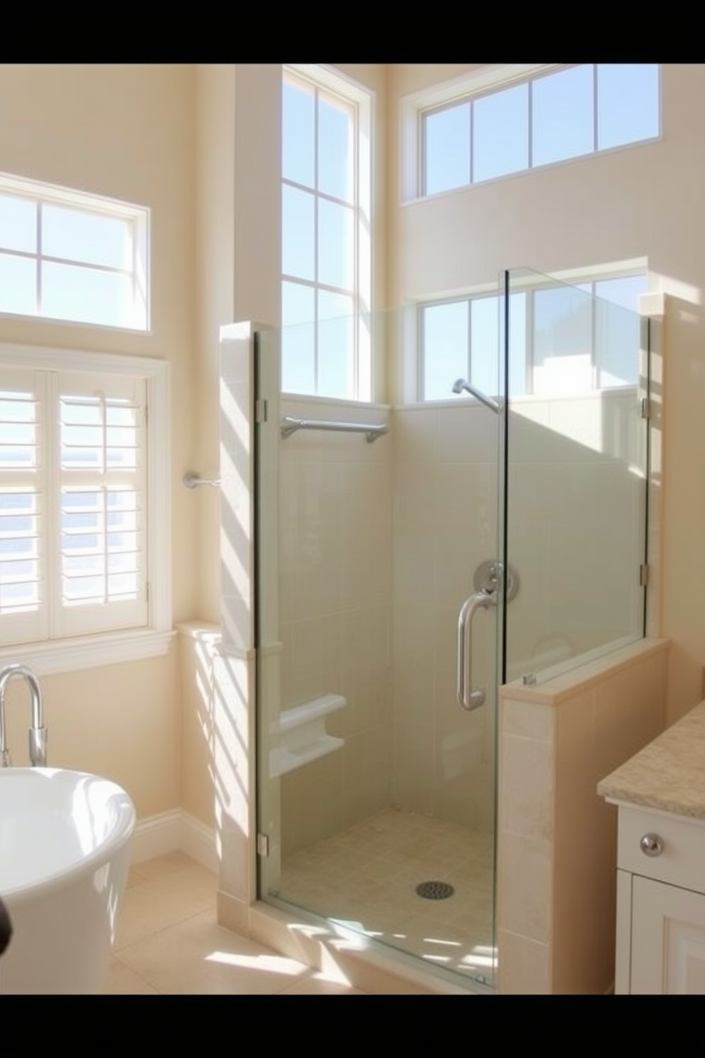 A serene coastal bathroom featuring bamboo blinds that filter natural light gently into the space. The walls are painted in soft ocean hues, complemented by white shiplap accents and a freestanding soaking tub positioned near a window.