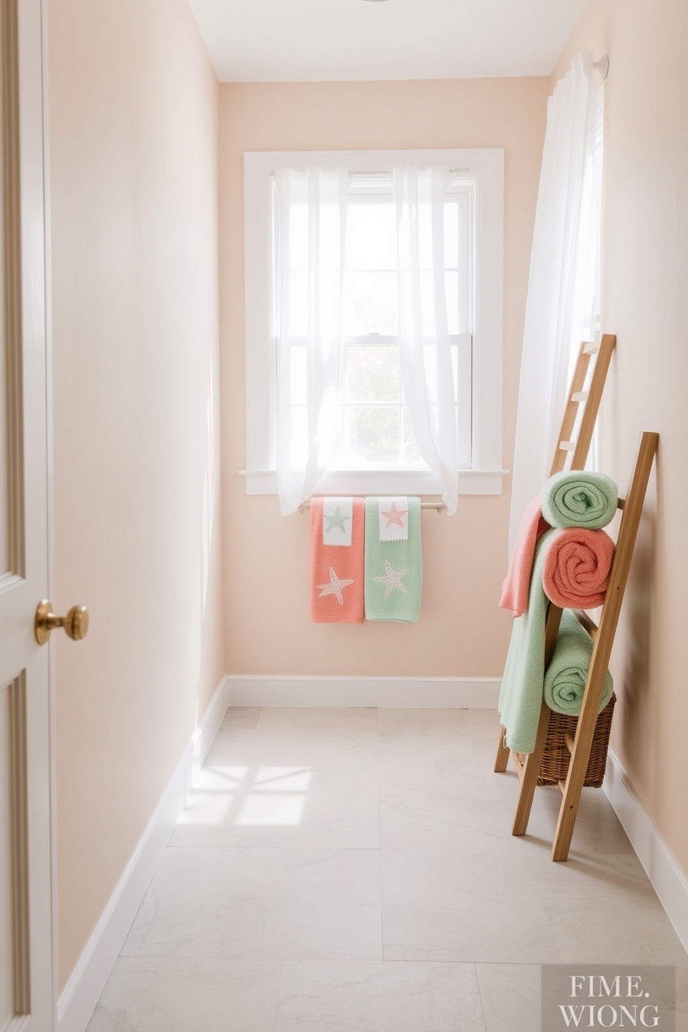 A luxurious coastal bathroom featuring a freestanding tub positioned near a large window that allows natural light to flood the space. The tub is surrounded by light wood accents and soft blue and white decor, creating a serene and inviting atmosphere. The walls are adorned with soft pastel colors reminiscent of the ocean, while the floor is covered with light-colored wood planks. Decorative elements include seashells and coastal artwork, enhancing the tranquil beach-inspired vibe of the room.