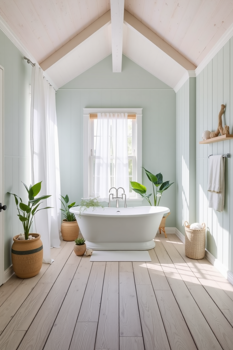 A serene coastal bathroom featuring light blue walls adorned with coastal-themed wallpaper depicting seashells and starfish. The space includes a freestanding white bathtub positioned under a large window with sheer curtains, allowing natural light to flood in. The vanity is made of driftwood with a white marble top, complemented by round mirrors with rope detailing. Accents of soft beige towels and nautical decor complete the inviting coastal ambiance.