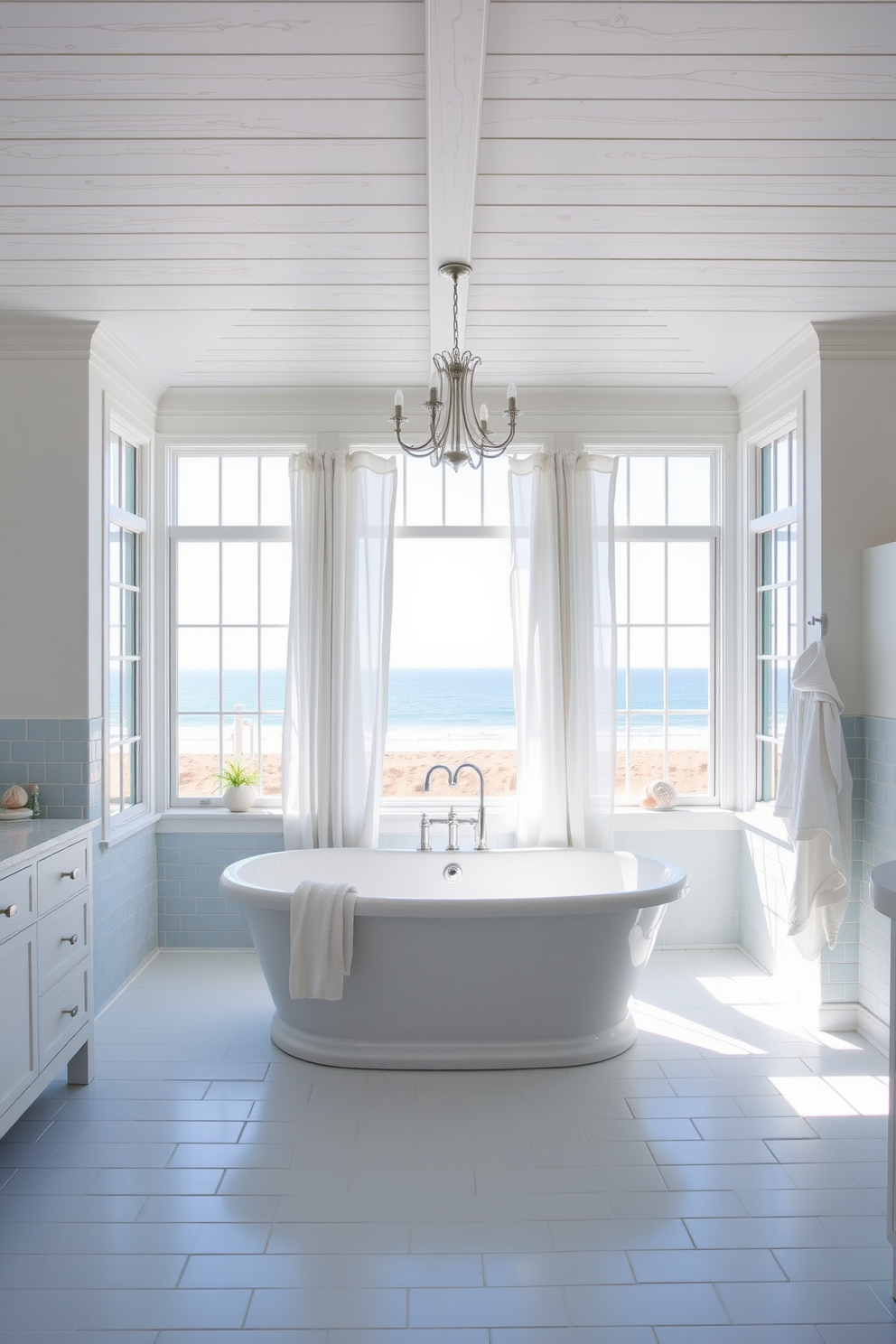 A coastal bathroom design featuring ceramic tiles that resemble beach pebbles creates a serene atmosphere. The space includes a freestanding soaking tub surrounded by natural light from large windows, with soft white curtains gently billowing in the breeze. The walls are painted in a soft seafoam green, complementing the earthy tones of the pebble tiles. A driftwood vanity with a white sink and a large round mirror enhances the beachy vibe, while decorative shells and coastal artwork add finishing touches.