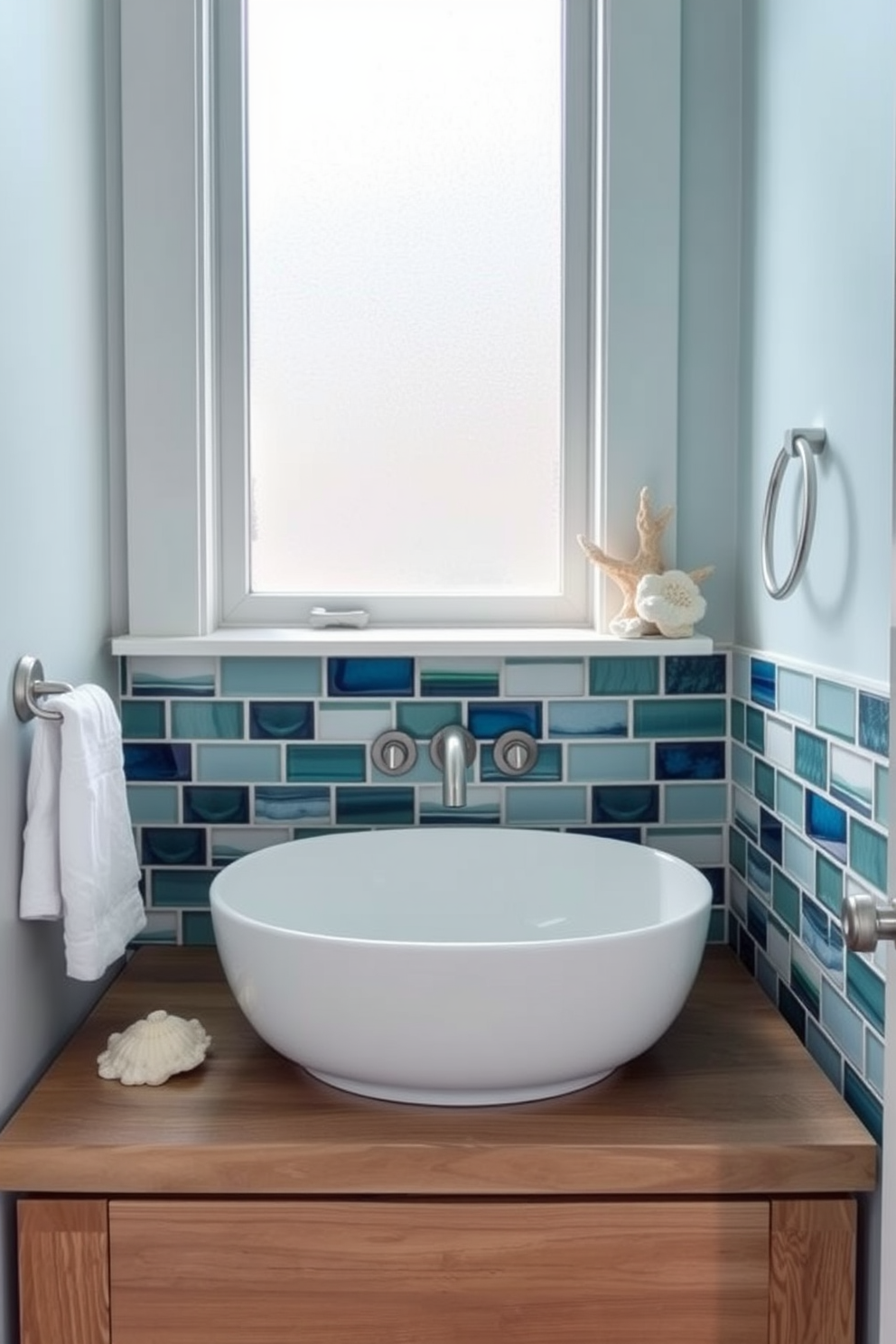 A coastal bathroom design featuring sconces with driftwood details creates a relaxed and inviting atmosphere. The walls are painted in soft seafoam green, complemented by white shiplap accents and sandy beige tiles on the floor. The vanity is made of reclaimed wood, topped with a white quartz countertop that mimics the look of ocean waves. Above the vanity, the driftwood sconces provide warm ambient lighting, enhancing the coastal theme while adding a touch of rustic charm.