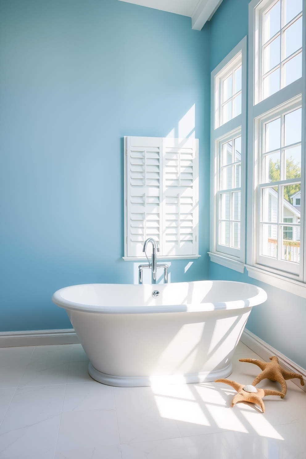 A simple white freestanding bathtub is centered in a bright coastal bathroom. Light blue walls complement the natural light streaming in through large windows, creating a serene atmosphere. The floor features soft white tiles that mimic sandy shores, enhancing the coastal theme. Nautical decor elements, such as seashells and driftwood accents, are tastefully arranged around the bathtub.