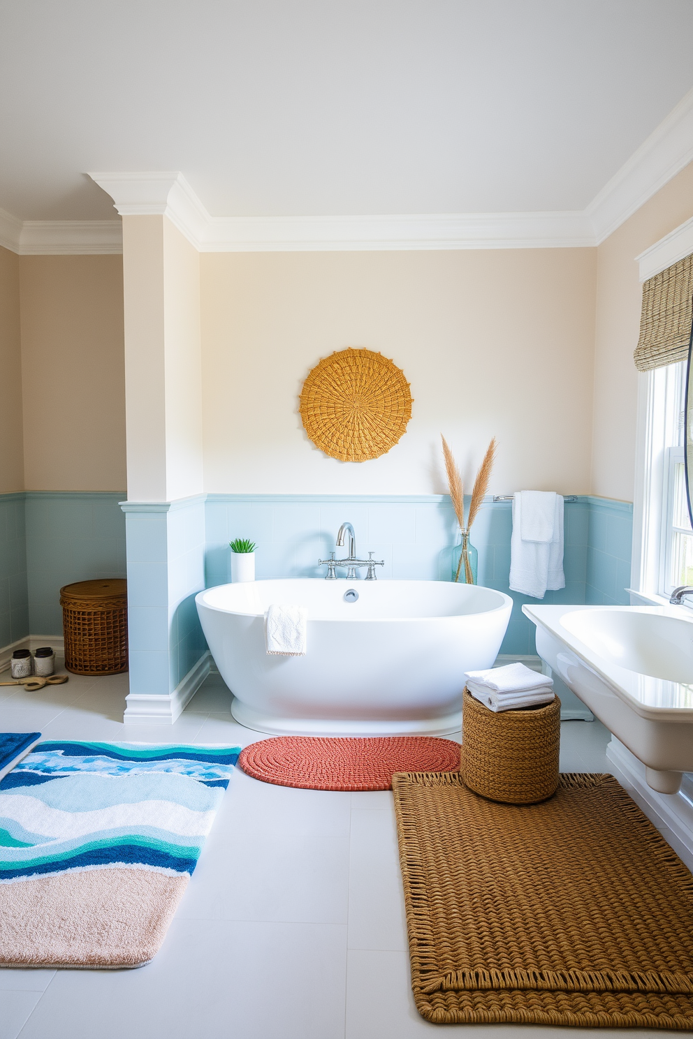 A serene coastal bathroom setting featuring soft blue and white hues. The floor is adorned with plush bath mats that evoke the feeling of sandy shores, providing comfort underfoot. Decorative elements include seashells and driftwood accents, enhancing the coastal theme. A large window allows natural light to flood the space, illuminating the airy atmosphere.