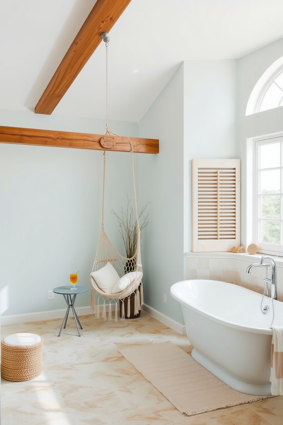 A cozy relaxing corner featuring a hammock chair suspended from a sturdy wooden beam. The area is adorned with soft cushions and a small side table holding a refreshing drink. A coastal bathroom design that incorporates light blue and sandy beige tones. The space includes a freestanding tub, seashell accents, and a large window allowing natural light to flood the room.