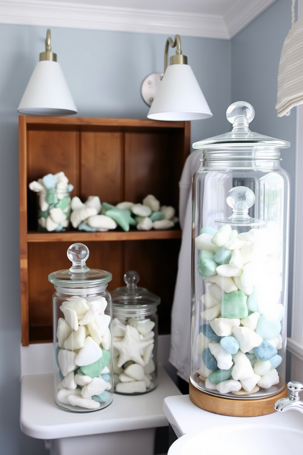 A serene coastal bathroom featuring sea glass decor displayed in elegant glass jars. The soft color palette includes shades of blue and white, complemented by natural wood accents and light, airy textiles.