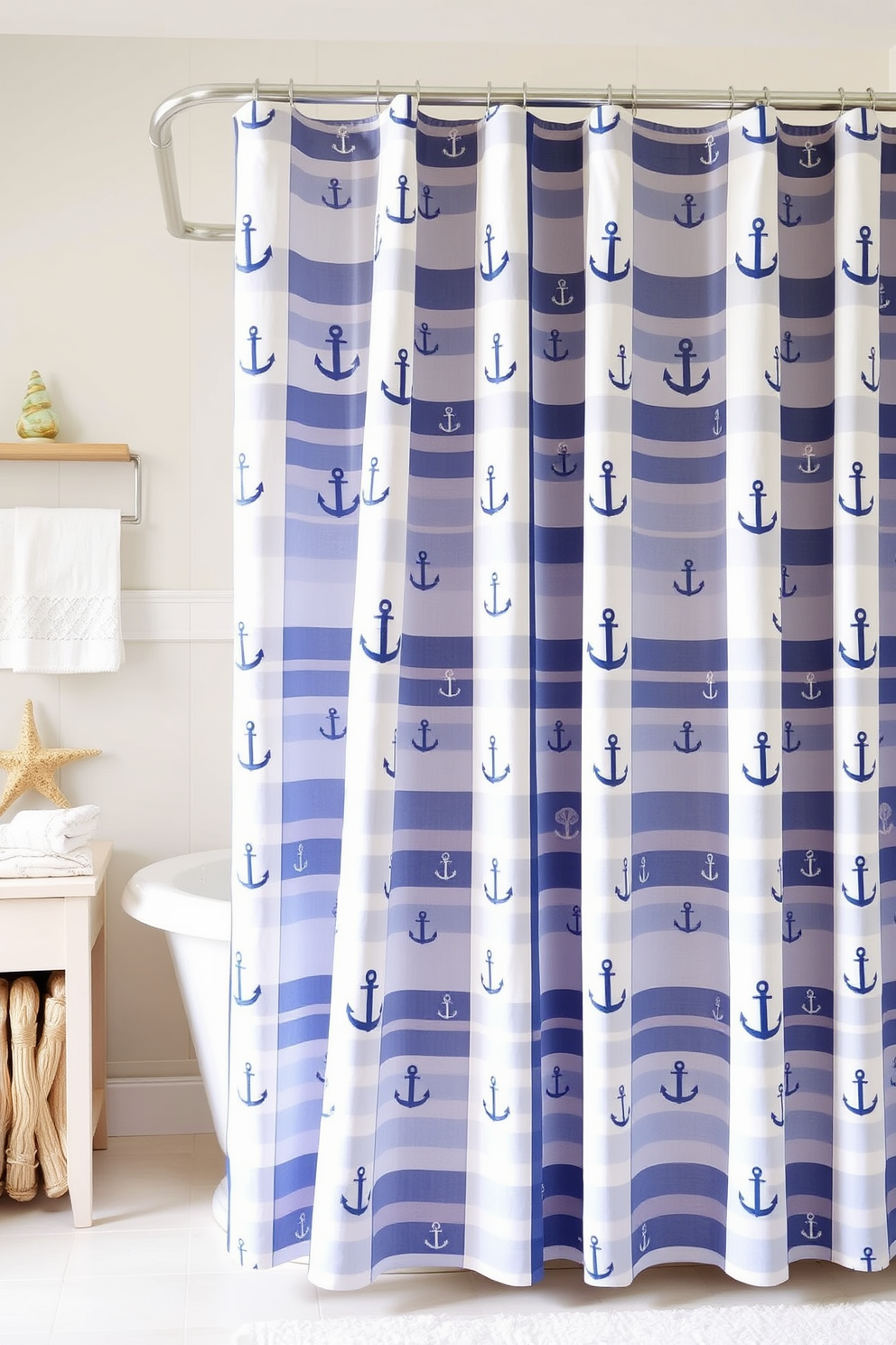 A nautical themed shower curtain design featuring a pattern of blue and white stripes with anchors and sailboats scattered throughout. The fabric drapes elegantly, creating a breezy and refreshing atmosphere in the bathroom. Coastal bathroom design ideas that incorporate soft sandy beige tones with accents of ocean blue. Natural wood elements and seashell decorations enhance the serene beach vibe, making the space feel tranquil and inviting.